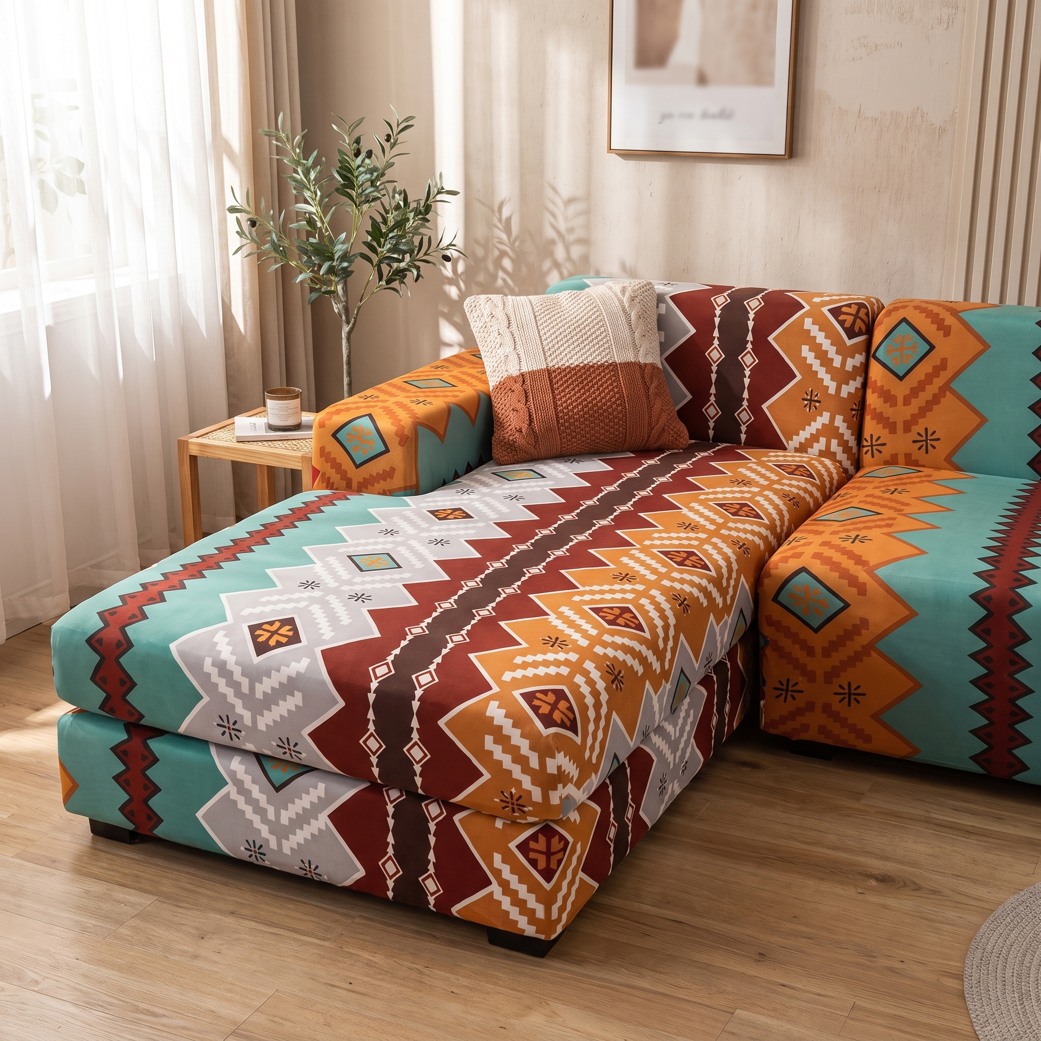 Stretch Sectional Couch Cover – Aztec Tribal Print shown in a styled home interior | Brivenzo