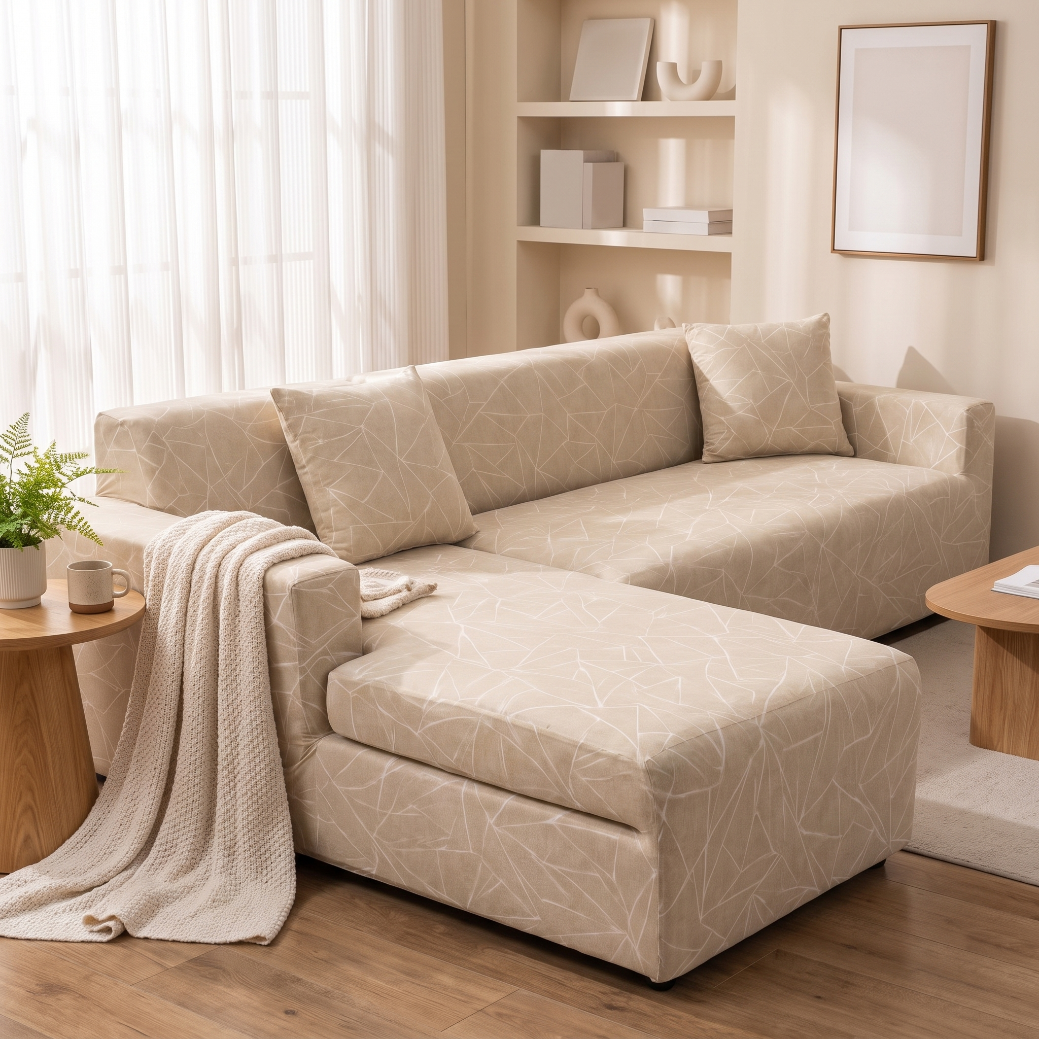 Stretch Sectional Couch Cover – Beige Abstract Line Print shown in a styled home interior | Brivenzo