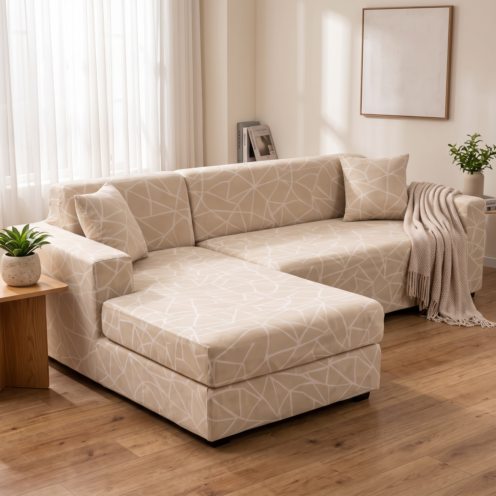 Stretch Sectional Couch Cover – Beige Cracked Line Geometric Print shown in a styled home interior | Brivenzo