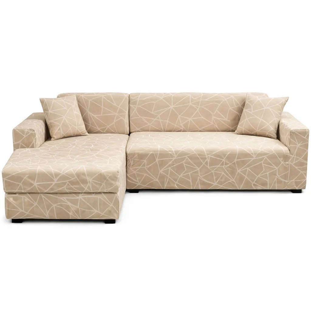 Stretch Sectional Couch Cover – Beige Cracked Line Geometric Print – product view 4 | Brivenzo