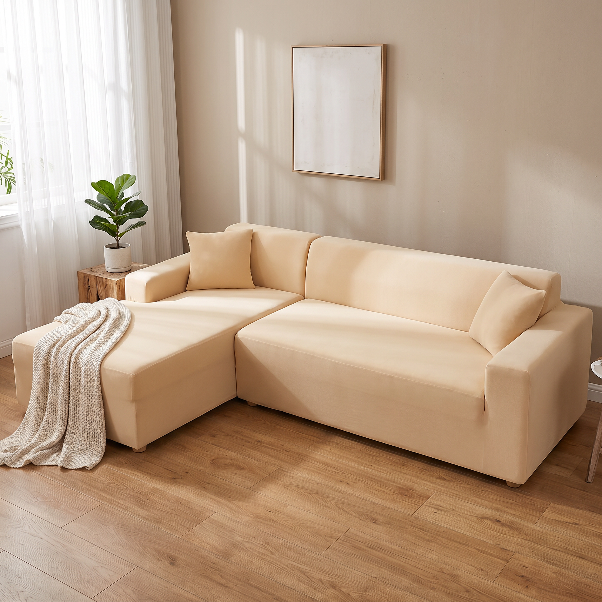 Stretch Sectional Couch Cover – Beige Stretch Fabric shown in a styled home interior | Brivenzo