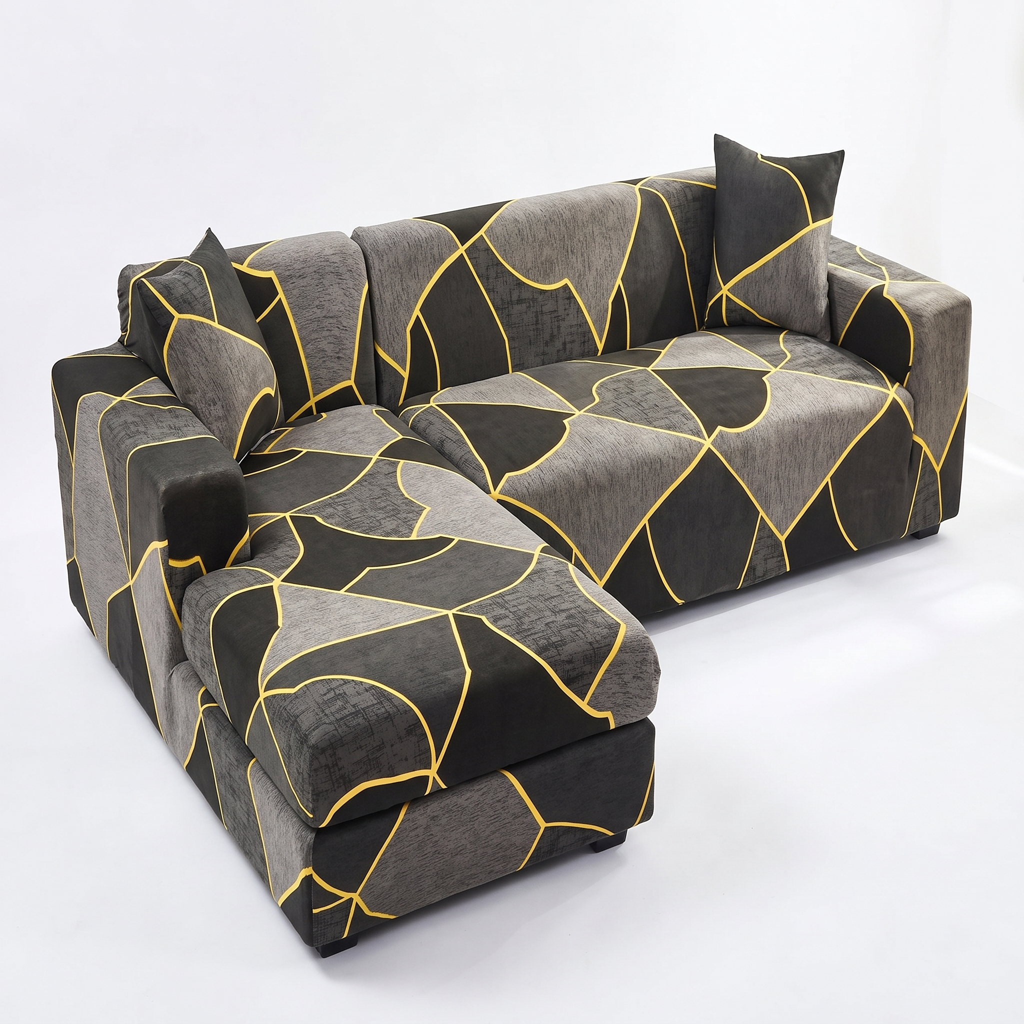 Stretch Sectional Couch Cover – Black & Gold Geometric Fracture Print – product photo on a white background | Brivenzo