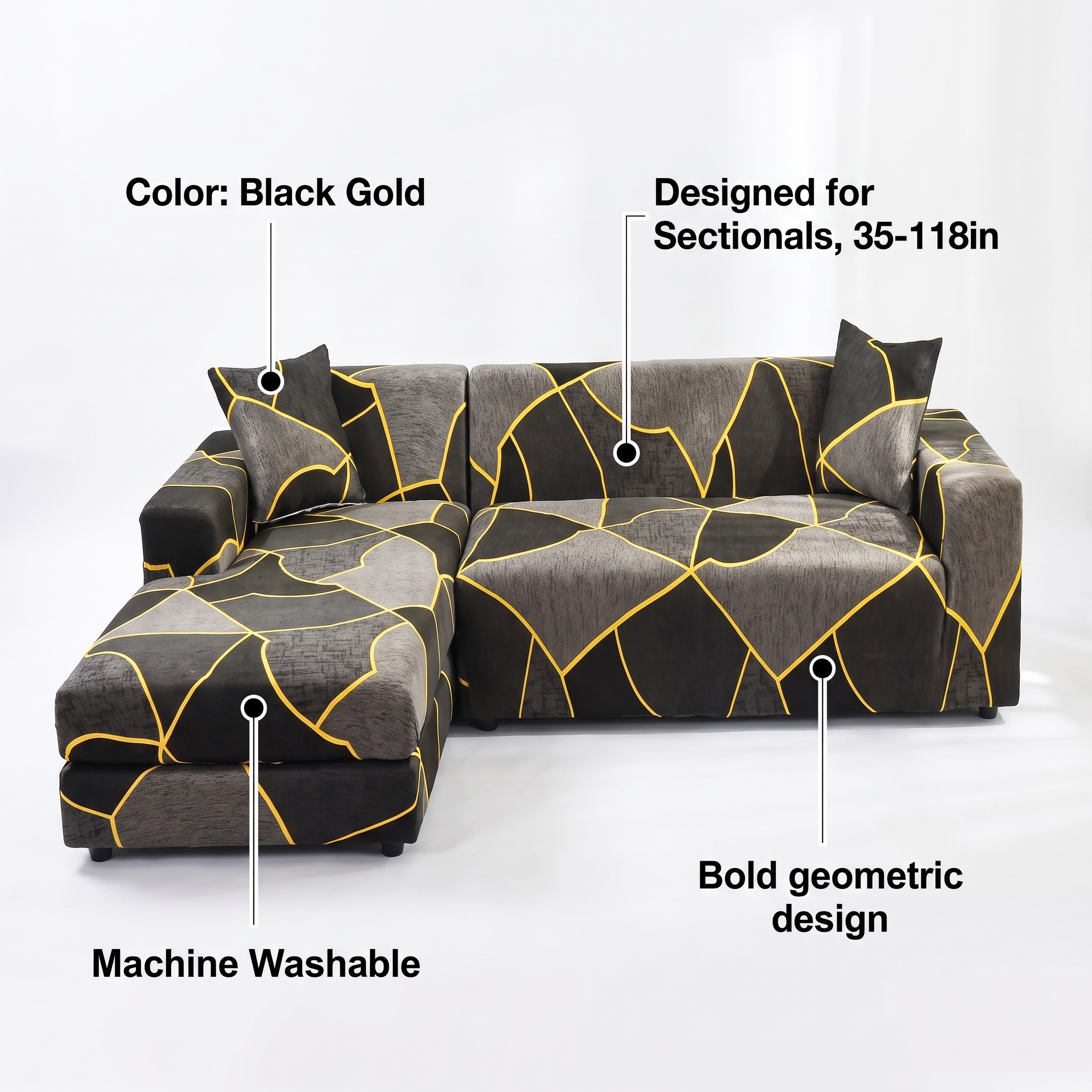 Stretch Sectional Couch Cover – Black & Gold Geometric Fracture Print – features and specifications overview | Brivenzo