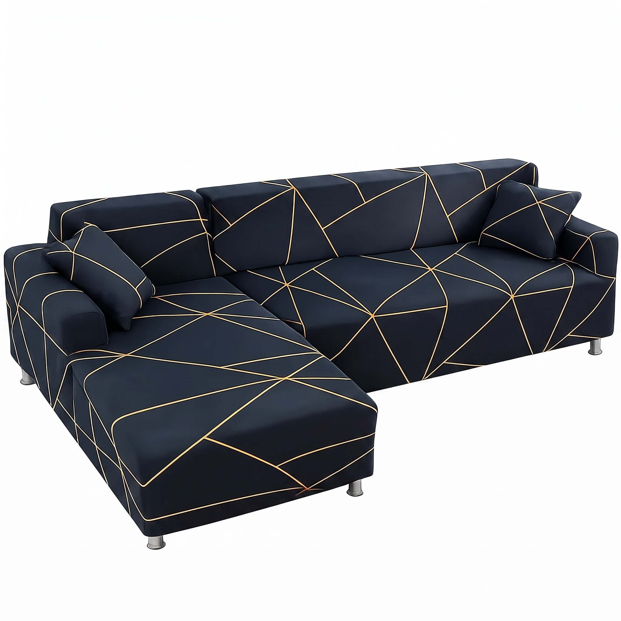 Stretch Sectional Couch Cover – Black & Gold Geometric Line Print – product photo on a white background | Brivenzo