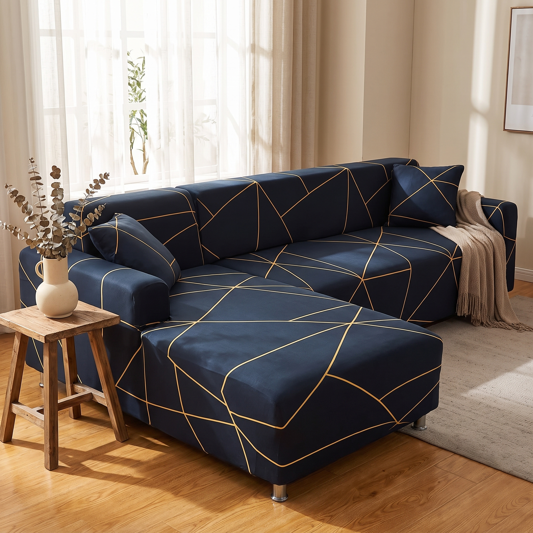 Stretch Sectional Couch Cover – Black & Gold Geometric Line Print shown in a styled home interior | Brivenzo