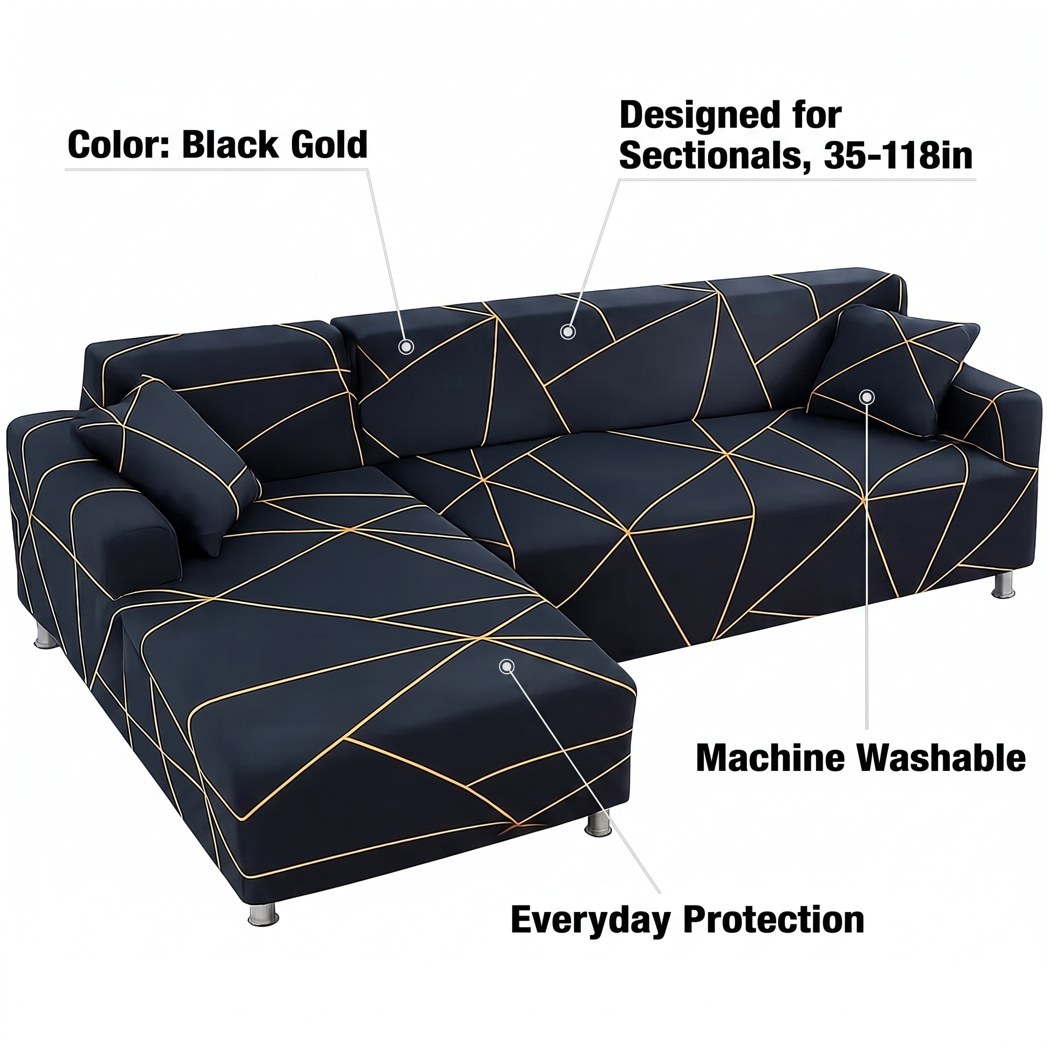 Stretch Sectional Couch Cover – Black & Gold Geometric Line Print – features and specifications overview | Brivenzo