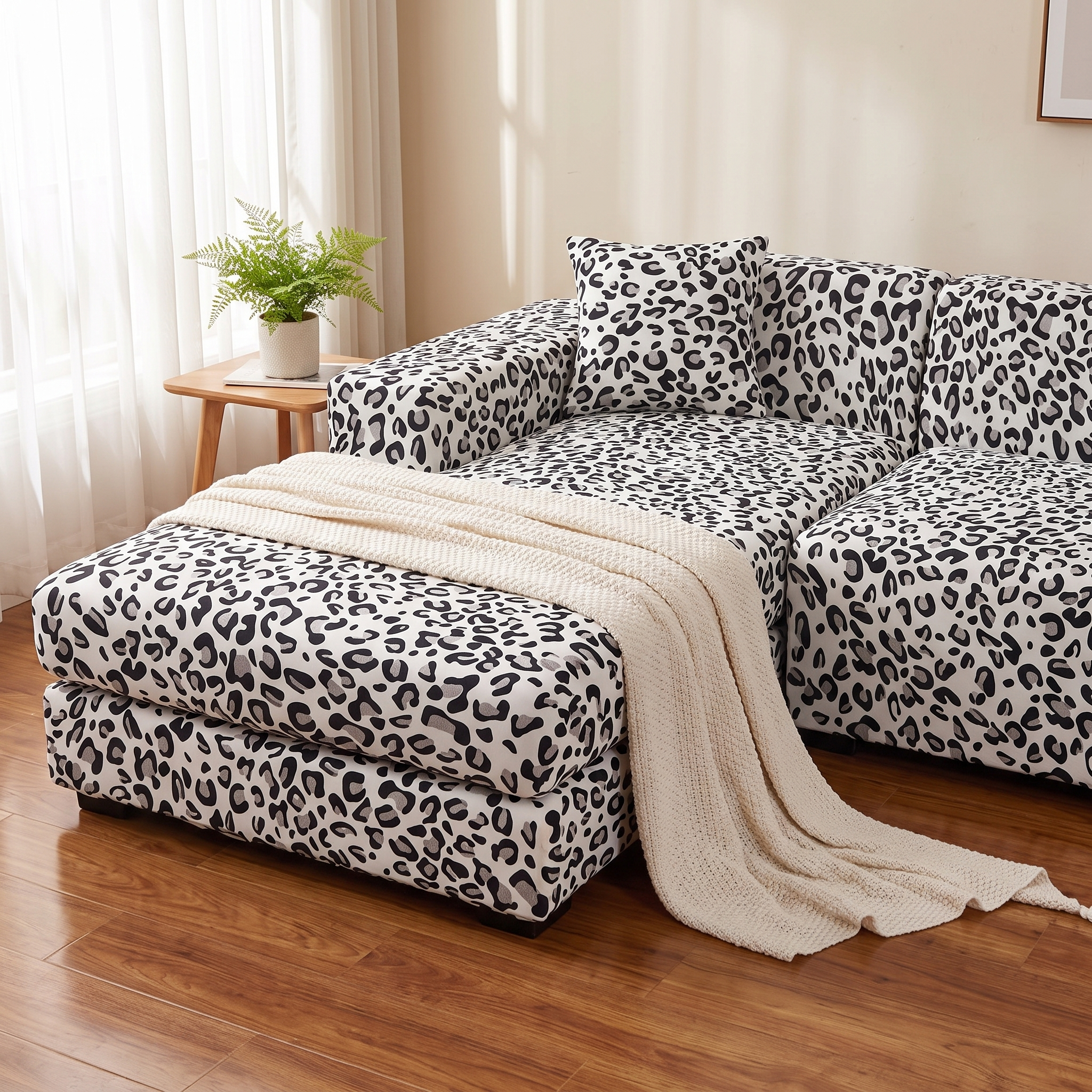 Stretch Sectional Couch Cover – Black & White Leopard Print shown in a styled home interior | Brivenzo