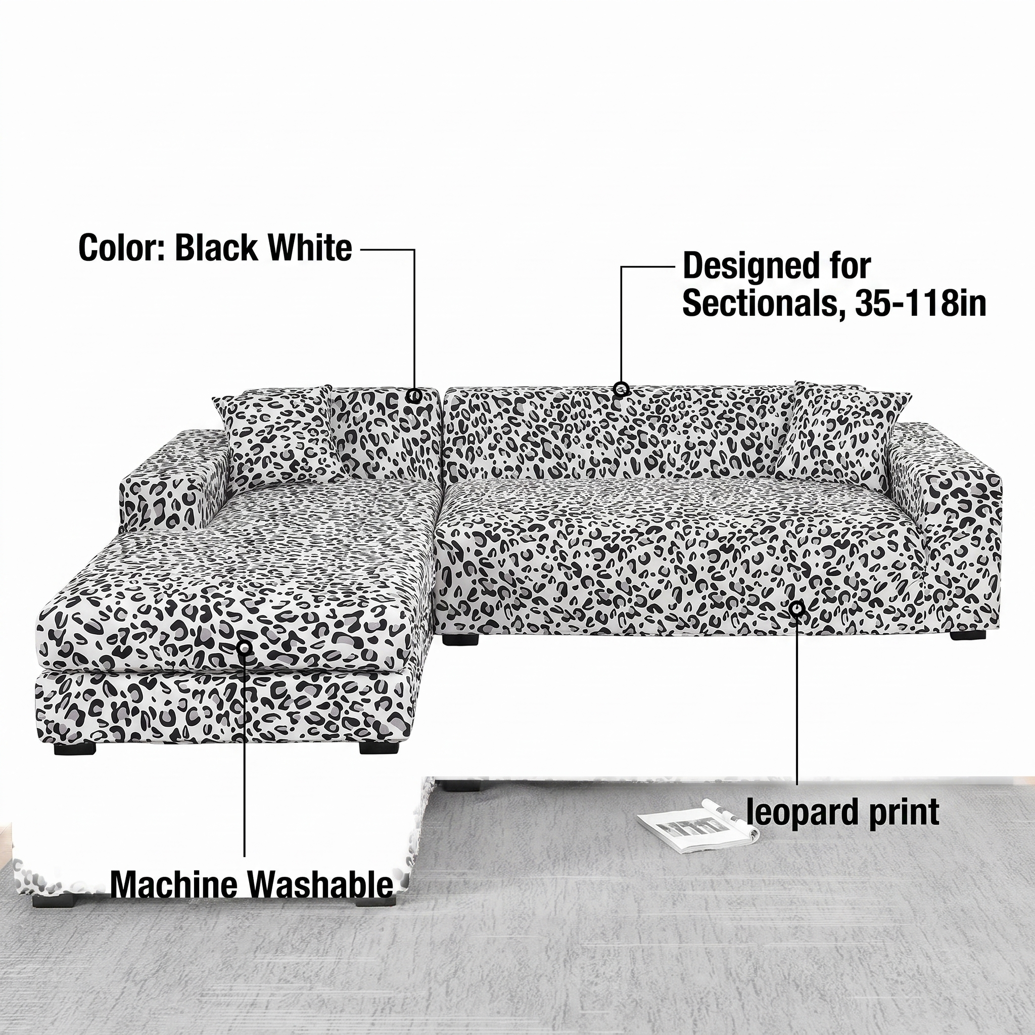Stretch Sectional Couch Cover – Black & White Leopard Print – features and specifications overview | Brivenzo