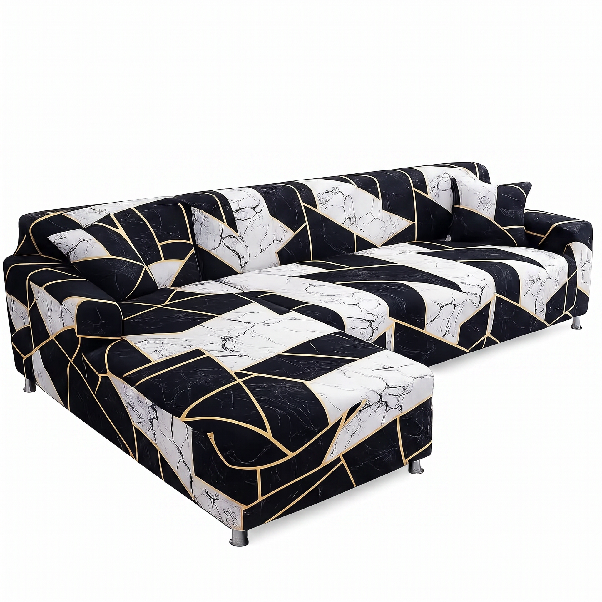 Stretch Sectional Couch Cover – Black & White Marble Abstract Print – product photo on a white background | Brivenzo