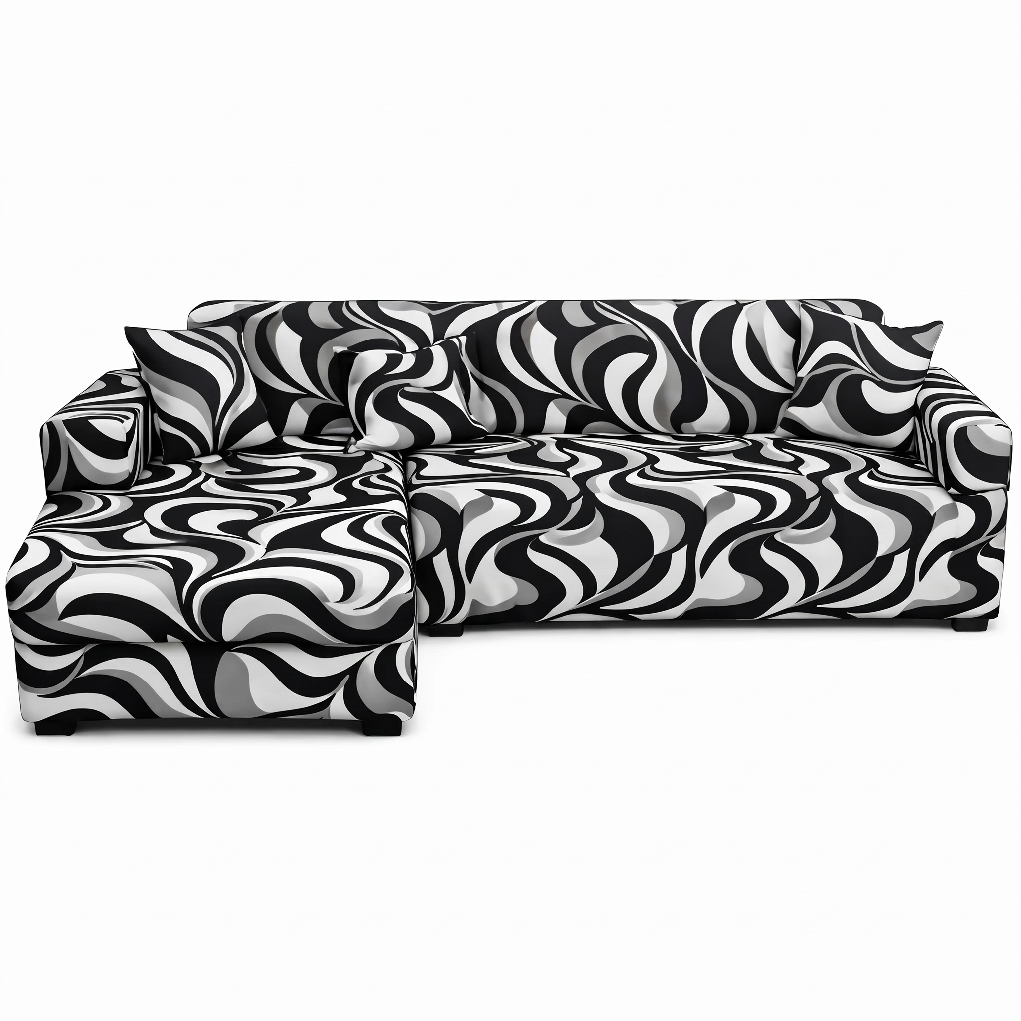 Stretch Sectional Couch Cover – Black & White Swirl Print – product photo on a white background | Brivenzo
