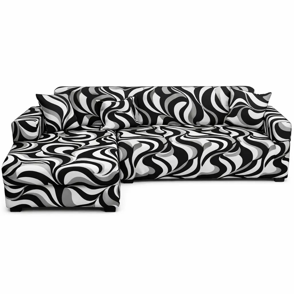 Stretch Sectional Couch Cover – Black & White Swirl Print – product view 4 | Brivenzo