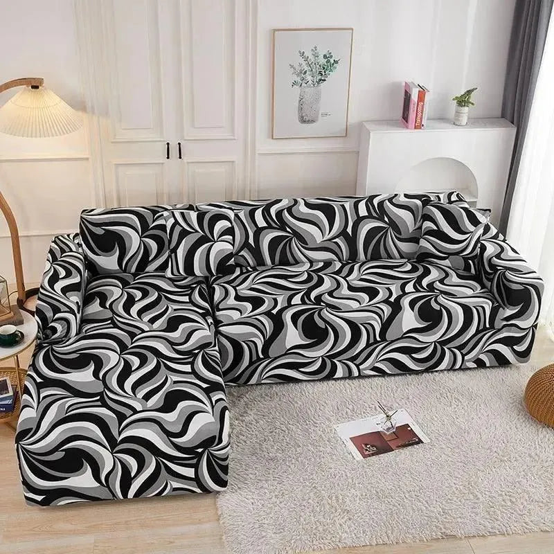 Stretch Sectional Couch Cover – Black & White Swirl Print – product view 5 | Brivenzo