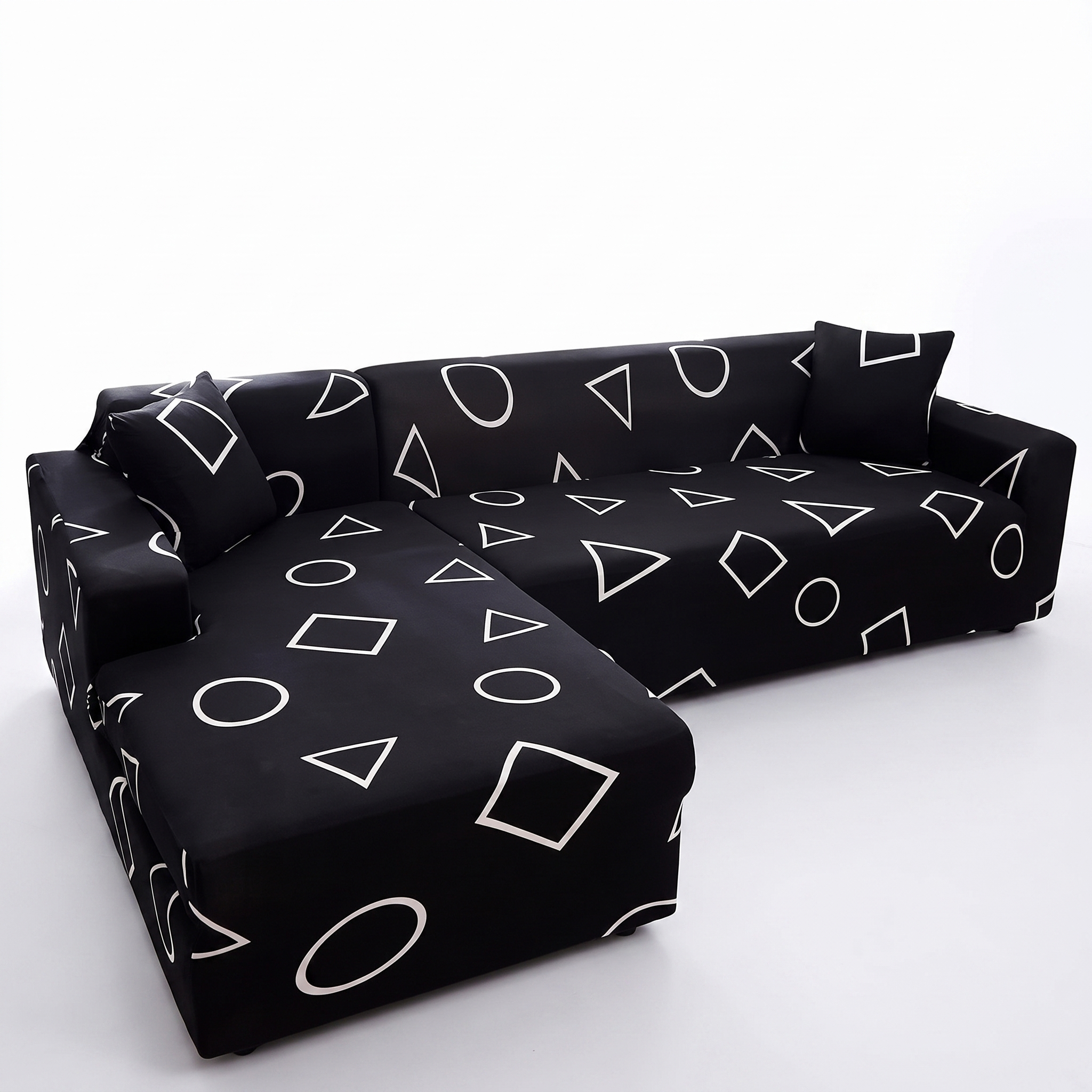 Stretch Sectional Couch Cover – Black Geometric Shapes Print – product photo on a white background | Brivenzo
