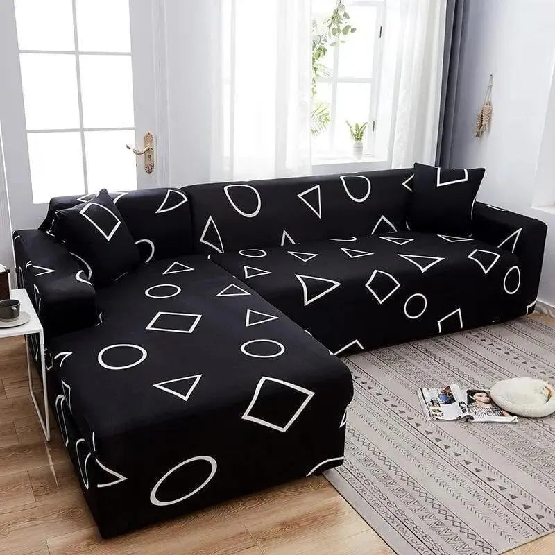 Stretch Sectional Couch Cover – Black Geometric Shapes Print – product view 4 | Brivenzo