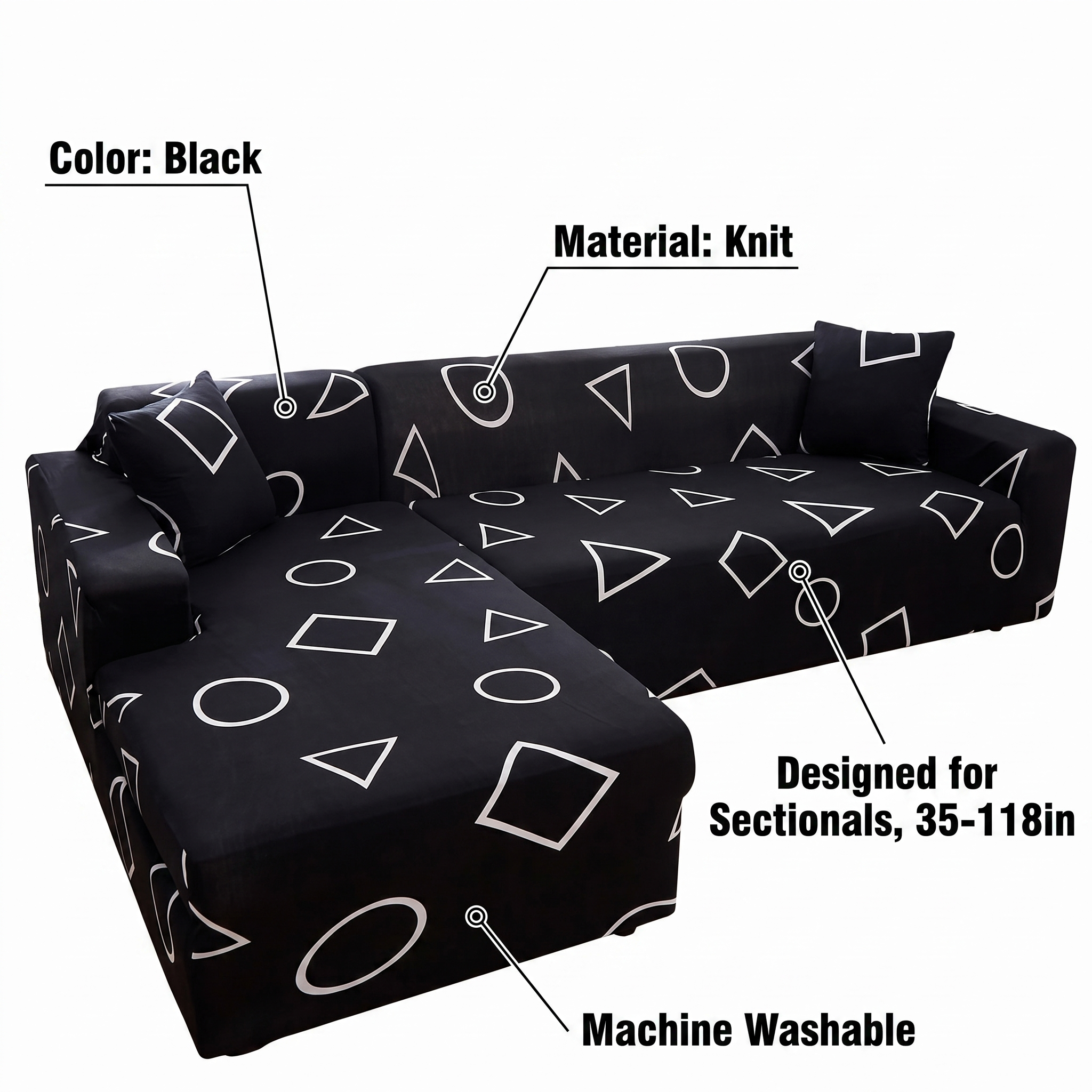 Stretch Sectional Couch Cover – Black Geometric Shapes Print – features and specifications overview | Brivenzo