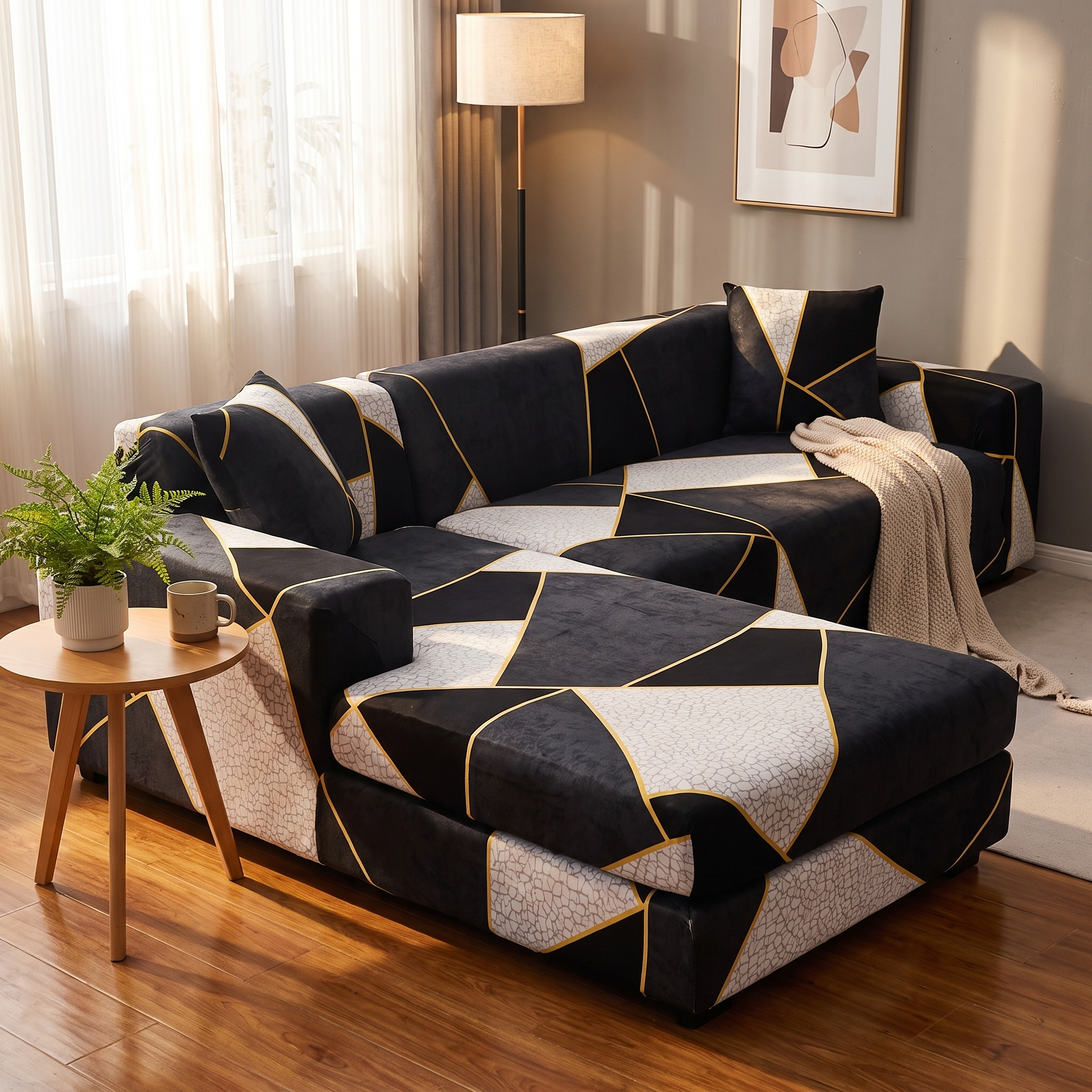 Stretch Sectional Couch Cover – Black Gold Geometric Print shown in a styled home interior | Brivenzo