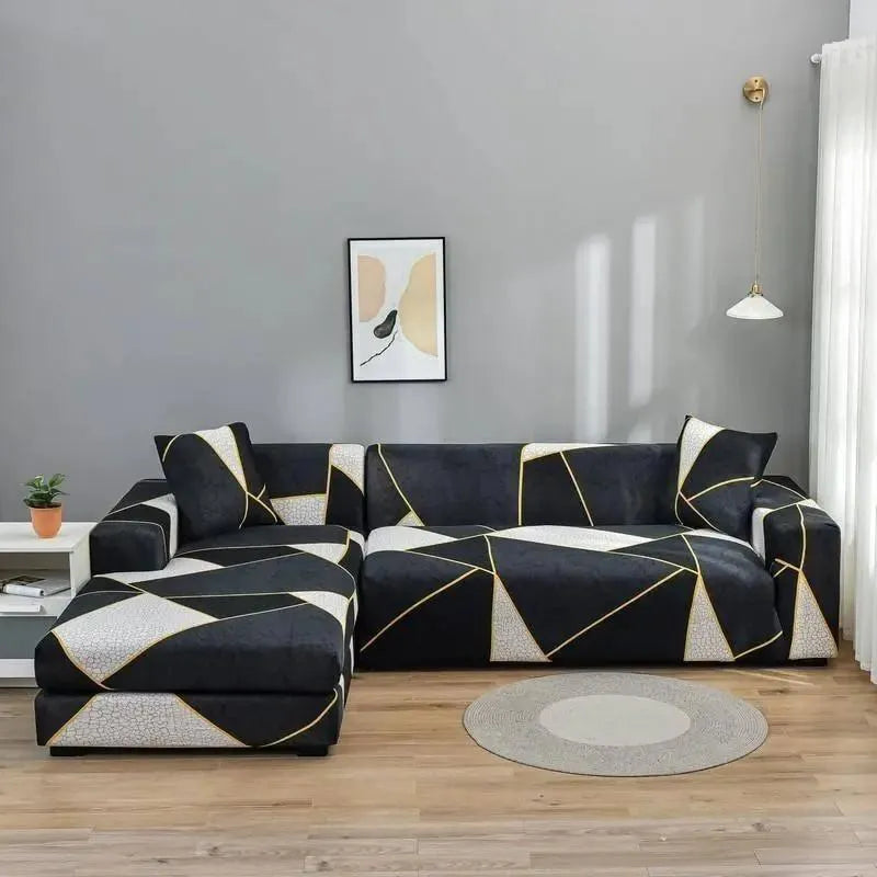 Stretch Sectional Couch Cover – Black Gold Geometric Print – product view 4 | Brivenzo