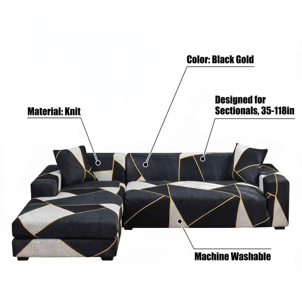 Stretch Sectional Couch Cover – Black Gold Geometric Print – features and specifications overview | Brivenzo