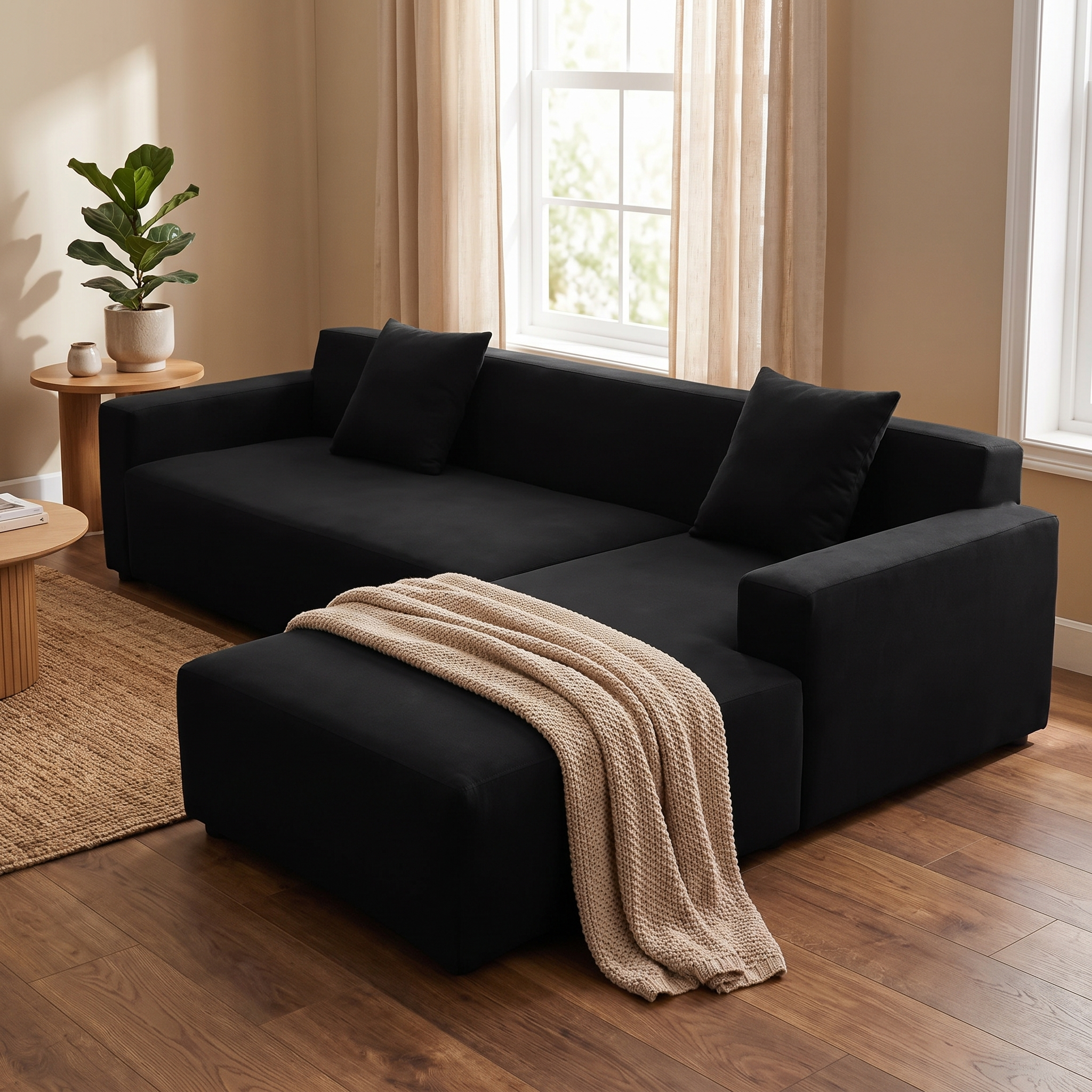 Stretch Sectional Couch Cover – Black shown in a styled home interior | Brivenzo
