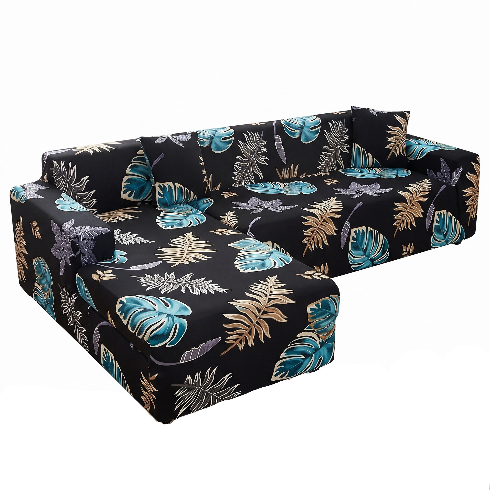 Stretch Sectional Couch Cover – Black Tropical Palm Leaf Print – product photo on a white background | Brivenzo