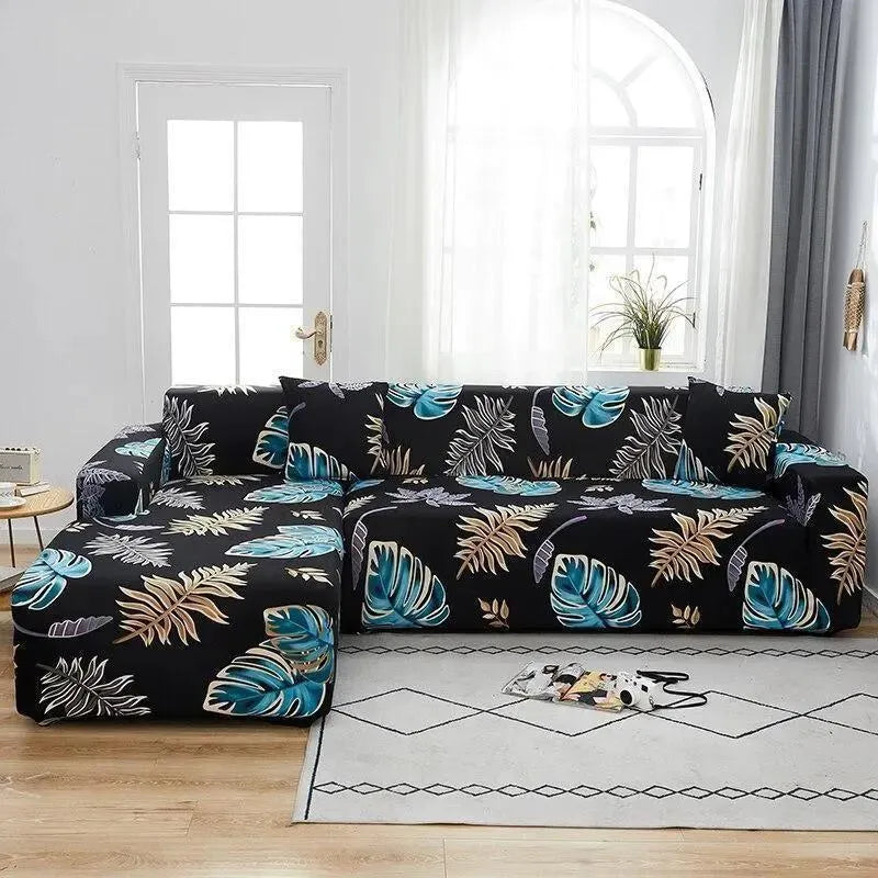 Stretch Sectional Couch Cover – Black Tropical Palm Leaf Print – product view 4 | Brivenzo