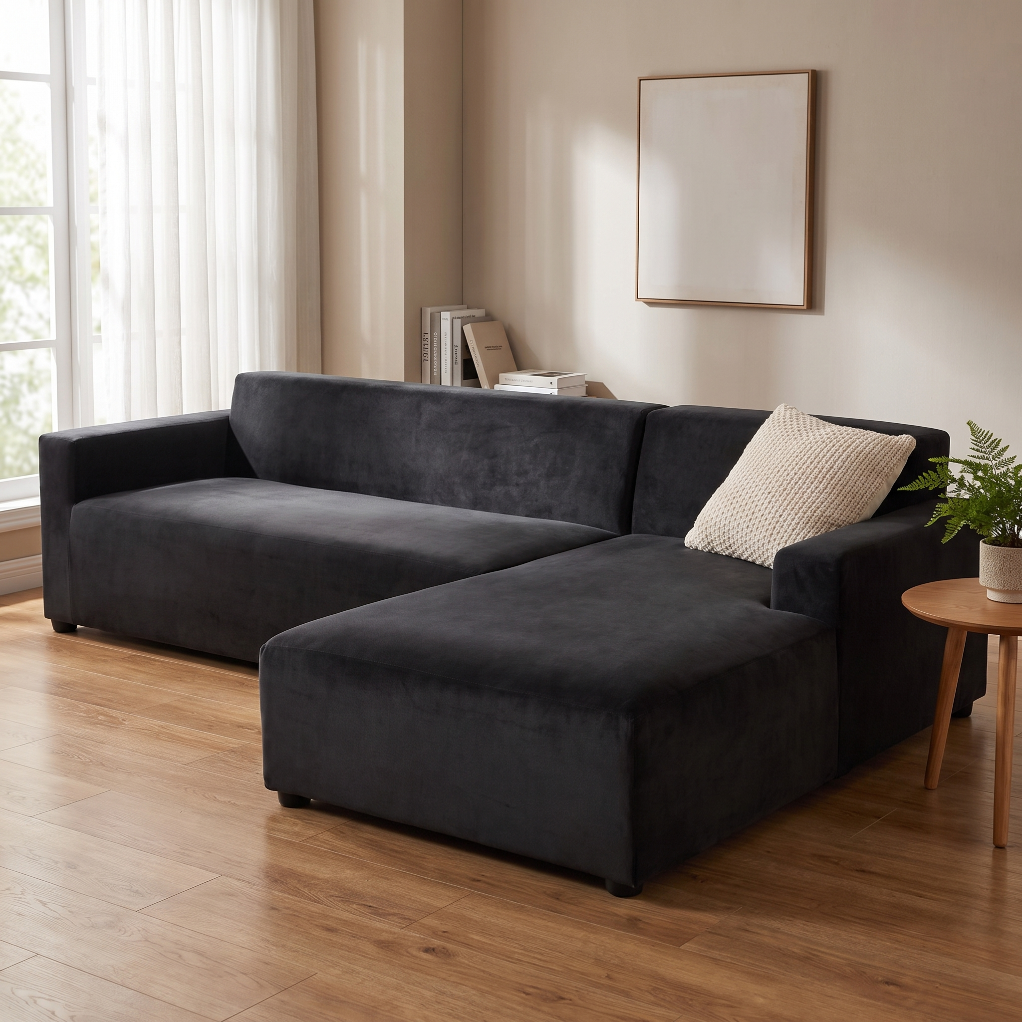 Stretch Sectional Couch Cover – Black Velvet shown in a styled home interior | Brivenzo