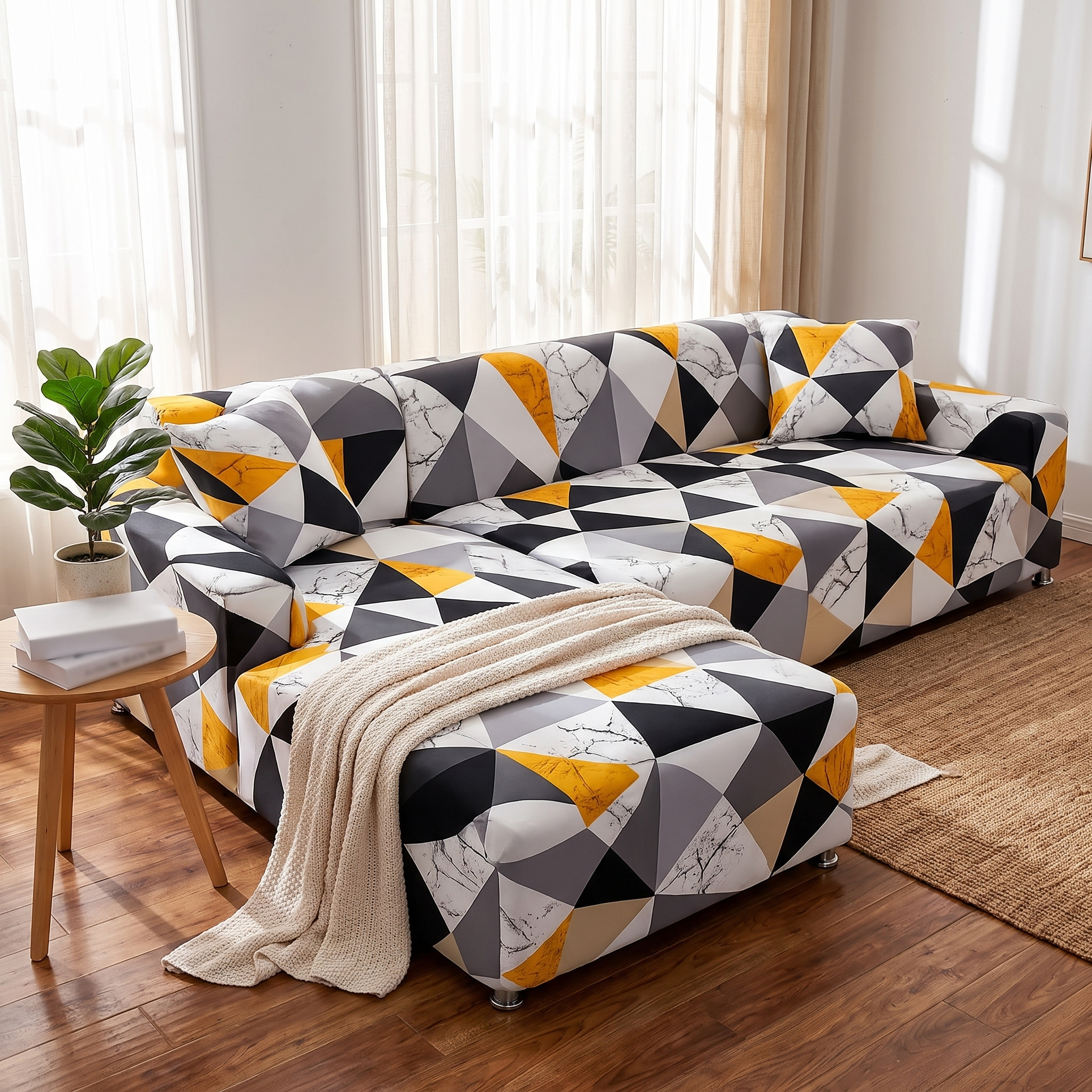Stretch Sectional Couch Cover – Black shown in a styled home interior | Brivenzo