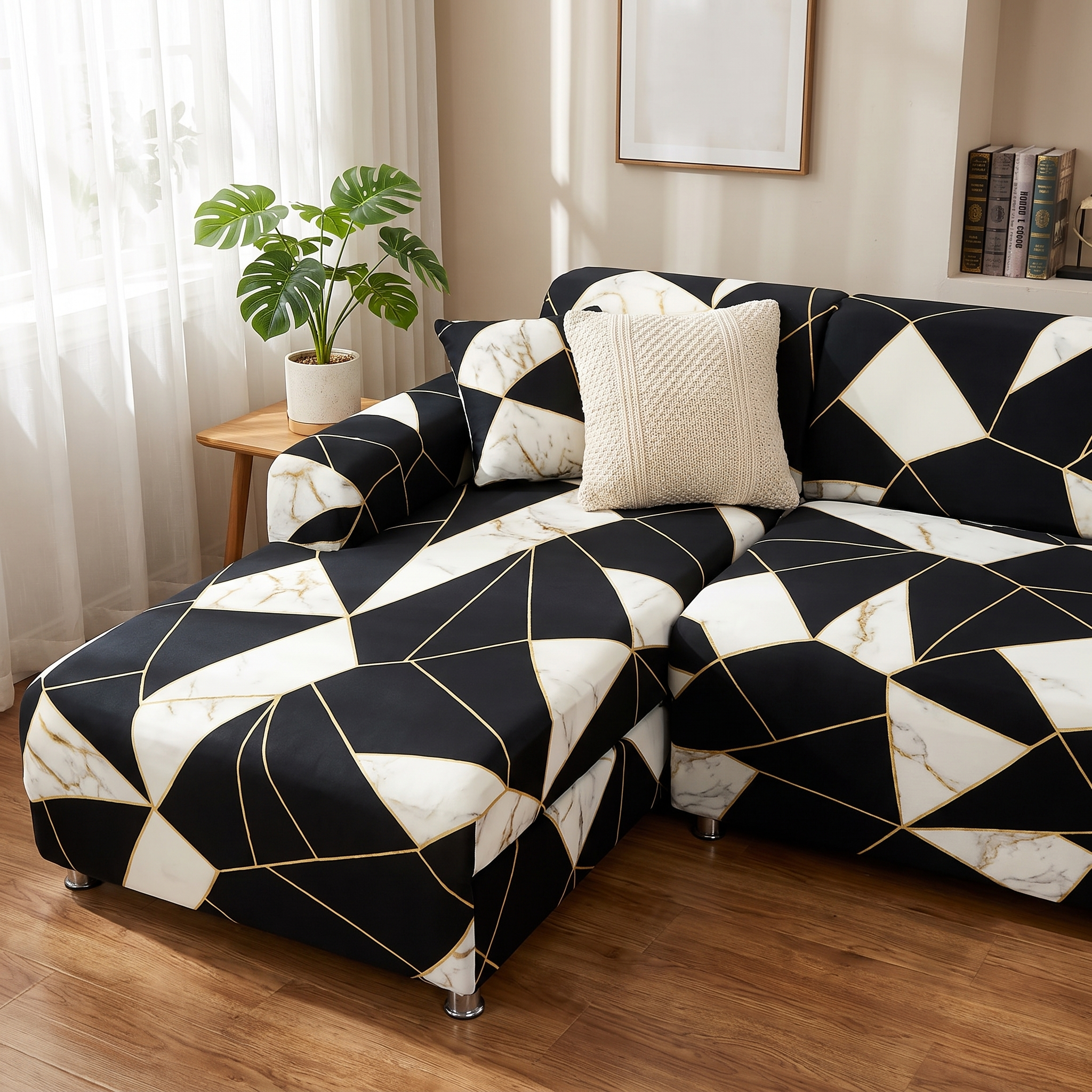Stretch Sectional Couch Cover – Black White Gold Marble Mosaic Print shown in a styled home interior | Brivenzo