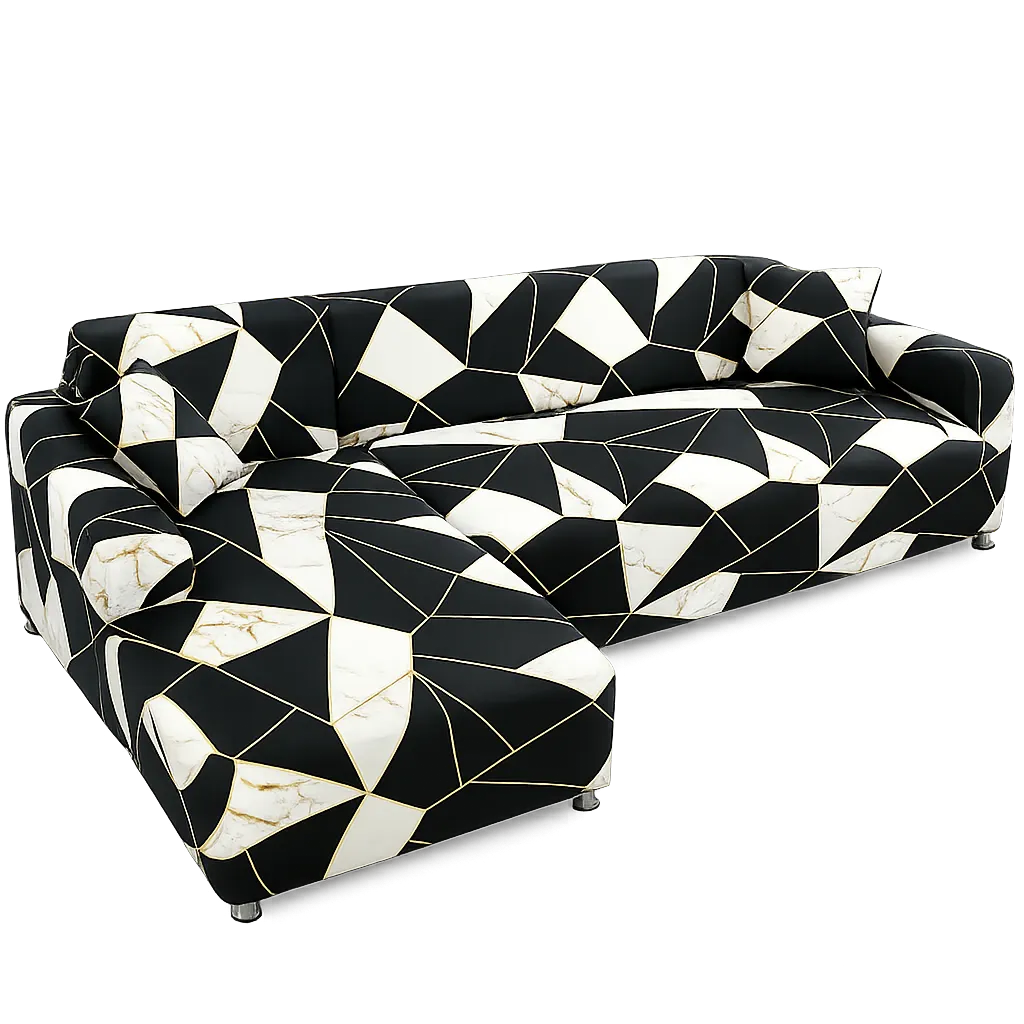 Stretch Sectional Couch Cover – Black White Gold Marble Mosaic Print – product view 1 | Brivenzo