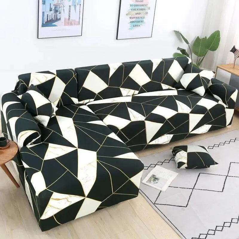 Stretch Sectional Couch Cover – Black White Gold Marble Mosaic Print – product view 4 | Brivenzo