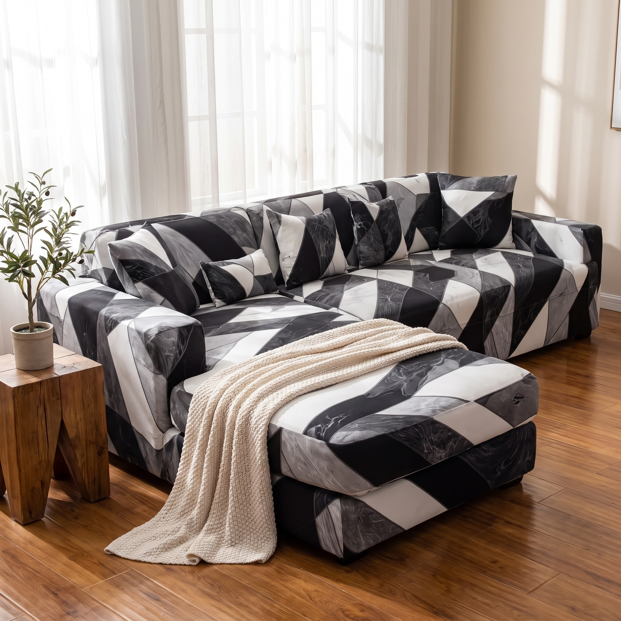Stretch Sectional Couch Cover – Black White Grey Diagonal Marble Print shown in a styled home interior | Brivenzo