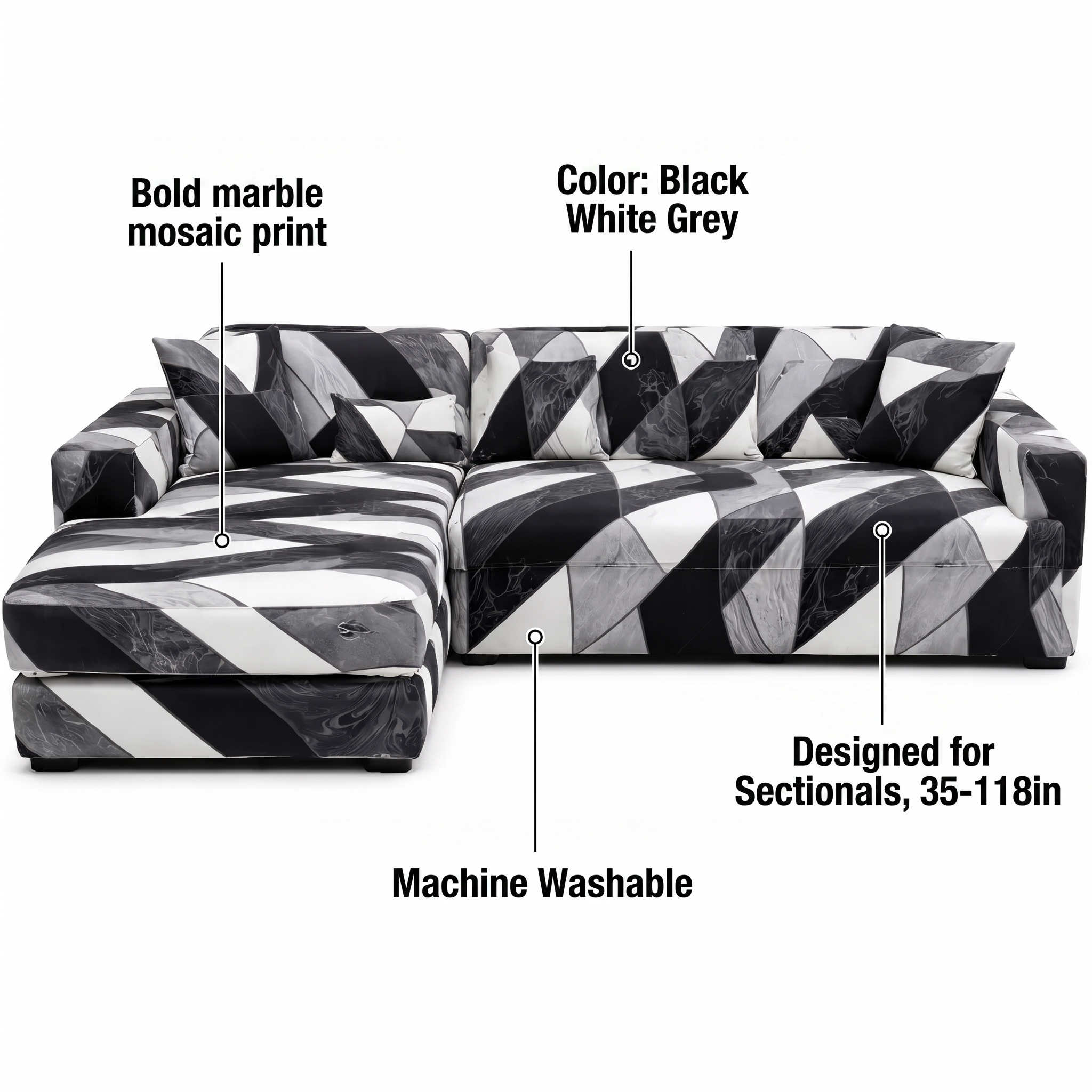 Stretch Sectional Couch Cover – Black White Grey Diagonal Marble Print – features and specifications overview | Brivenzo