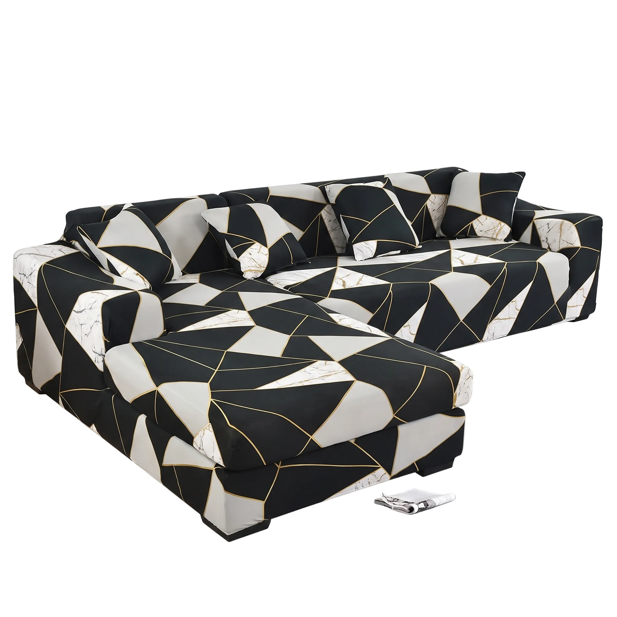 Stretch Sectional Couch Cover – Black White Marble Triangle Print – product photo on a white background | Brivenzo