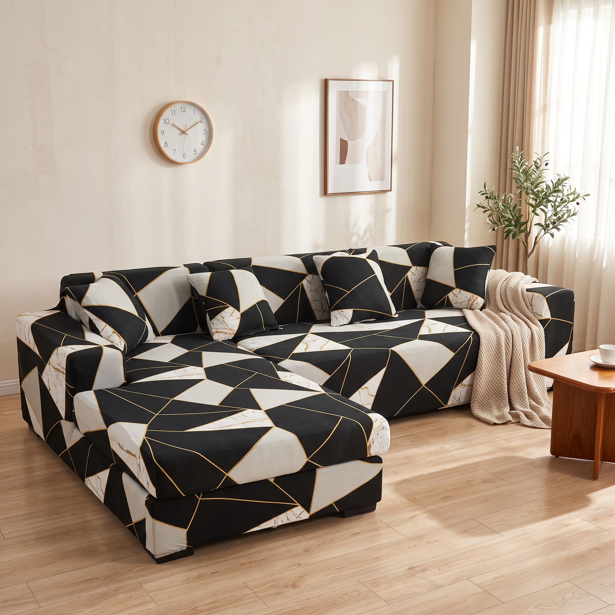 Stretch Sectional Couch Cover – Black White Marble Triangle Print shown in a styled home interior | Brivenzo