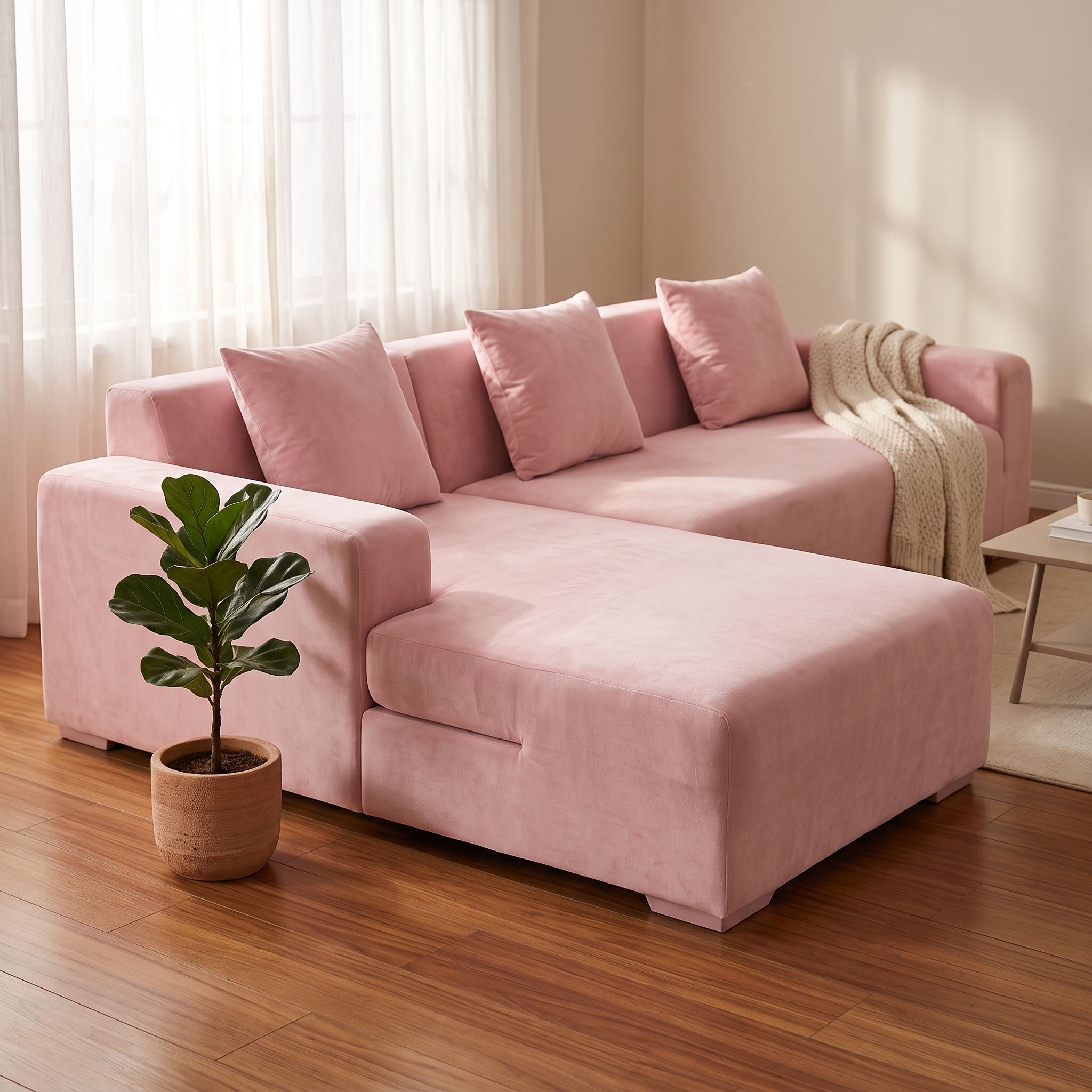 Stretch Sectional Couch Cover – Blush Pink Velvet shown in a styled home interior | Brivenzo