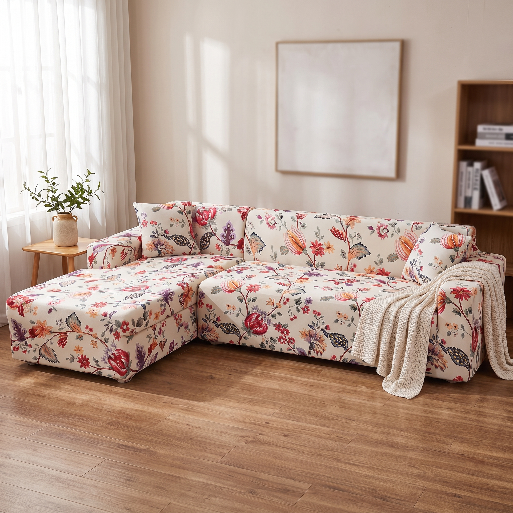 Stretch Sectional Couch Cover – Botanical Floral Print shown in a styled home interior | Brivenzo