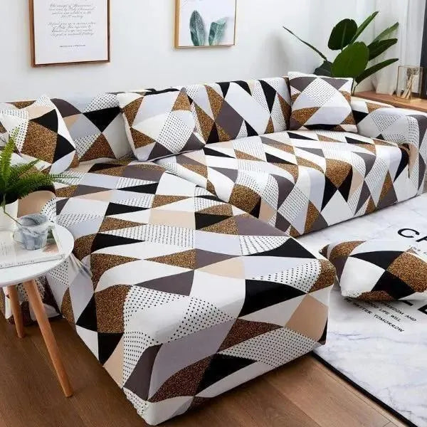 Stretch Sectional Couch Cover – Brown & Black Geometric Mosaic Print – product view 4 | Brivenzo