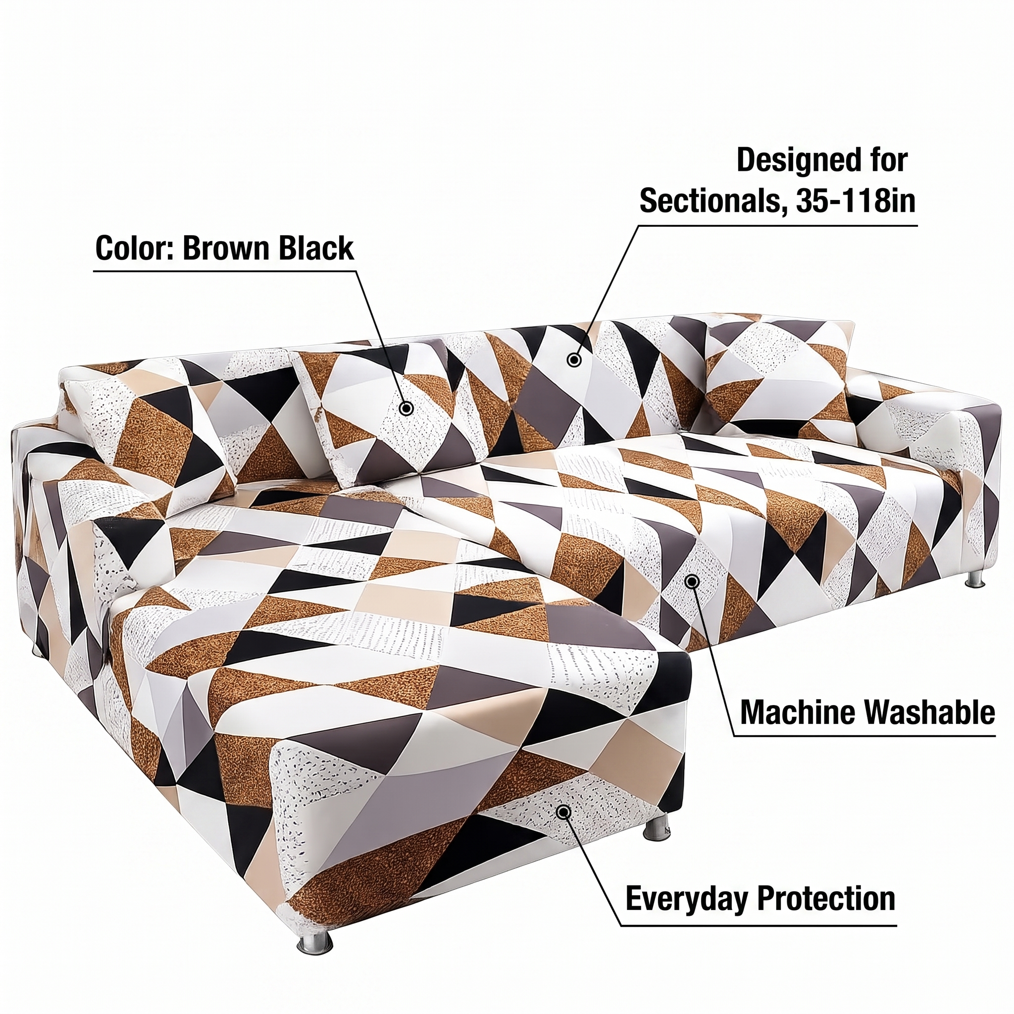Stretch Sectional Couch Cover – Brown & Black Geometric Mosaic Print – features and specifications overview | Brivenzo