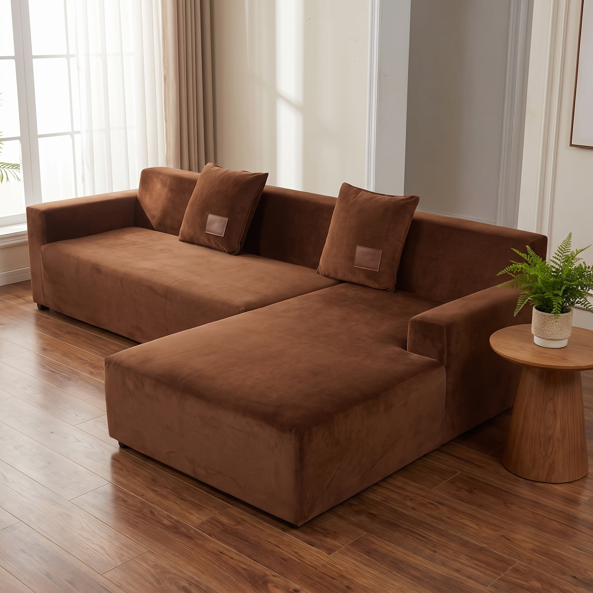 Stretch Sectional Couch Cover – Brown Velvet shown in a styled home interior | Brivenzo