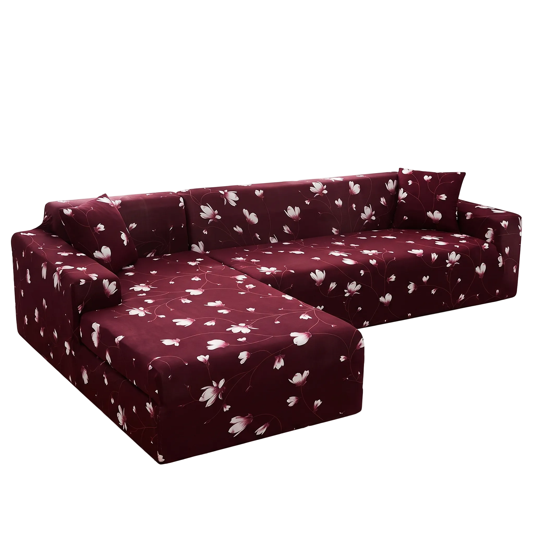 Stretch Sectional Couch Cover – Burgundy Floral Magnolia Print – product photo on a white background | Brivenzo