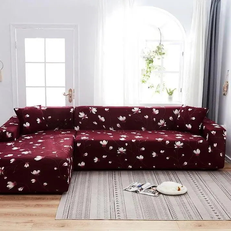 Stretch Sectional Couch Cover – Burgundy Floral Magnolia Print – product view 4 | Brivenzo