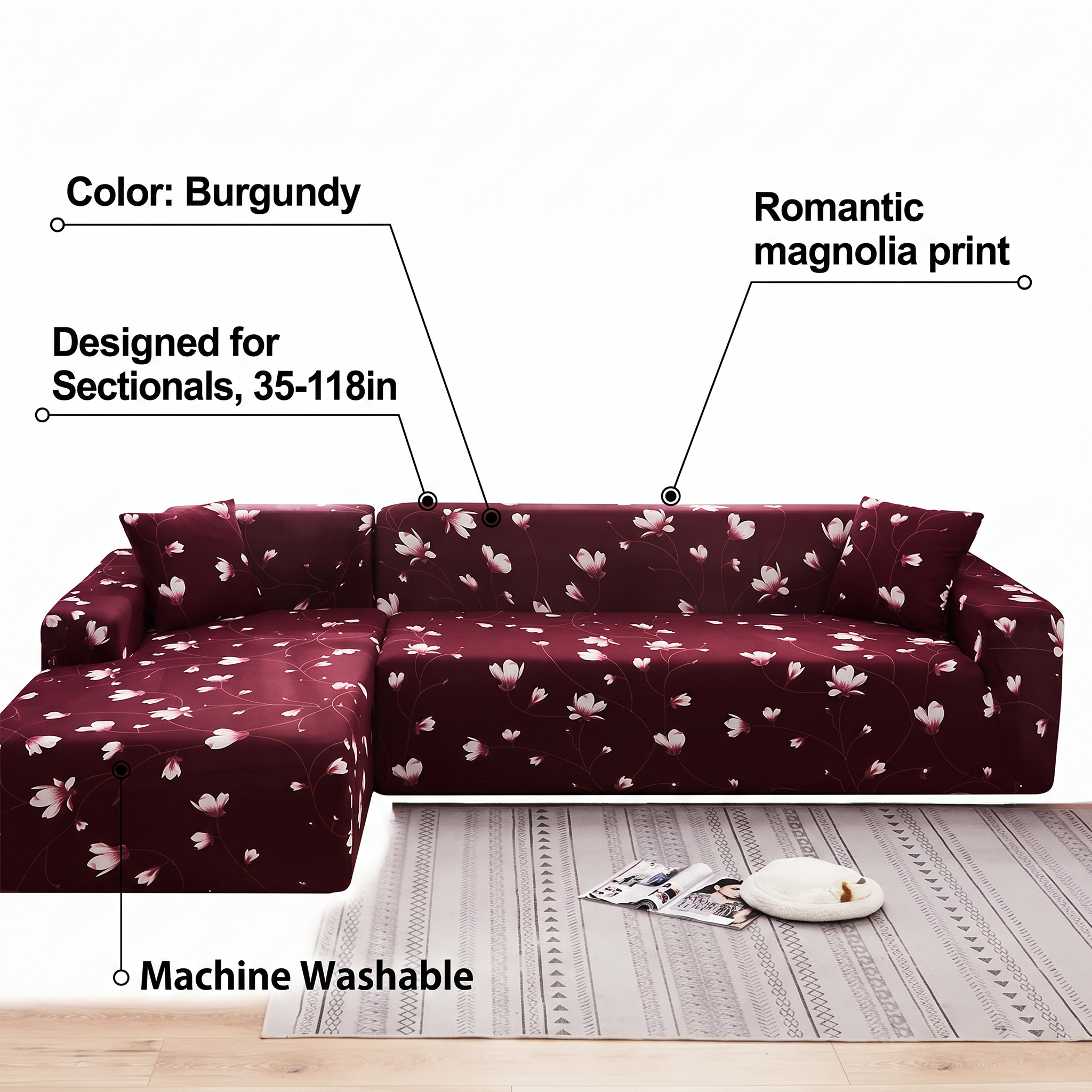 Stretch Sectional Couch Cover – Burgundy Floral Magnolia Print – features and specifications overview | Brivenzo