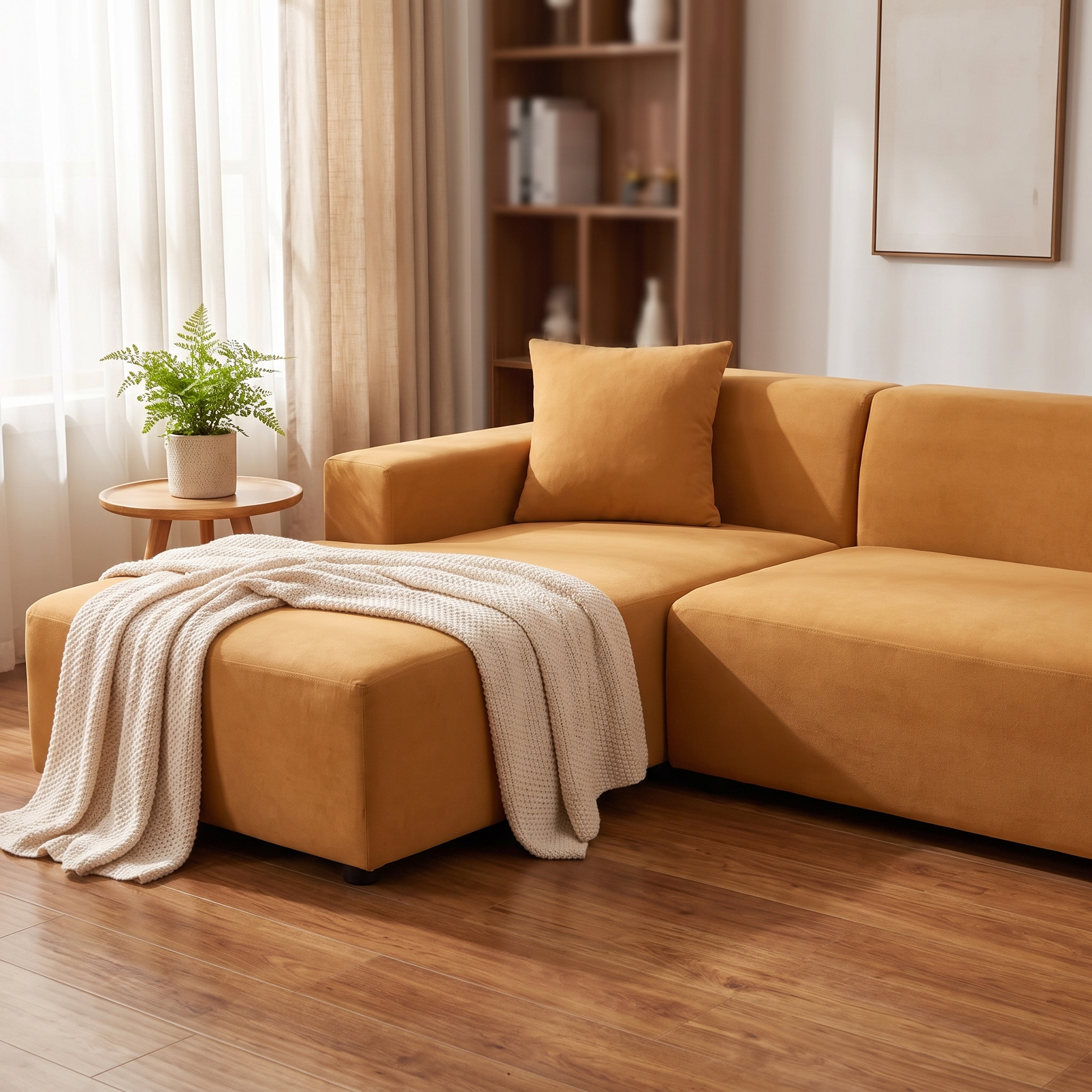 Stretch Sectional Couch Cover – Camel Stretch Fabric shown in a styled home interior | Brivenzo