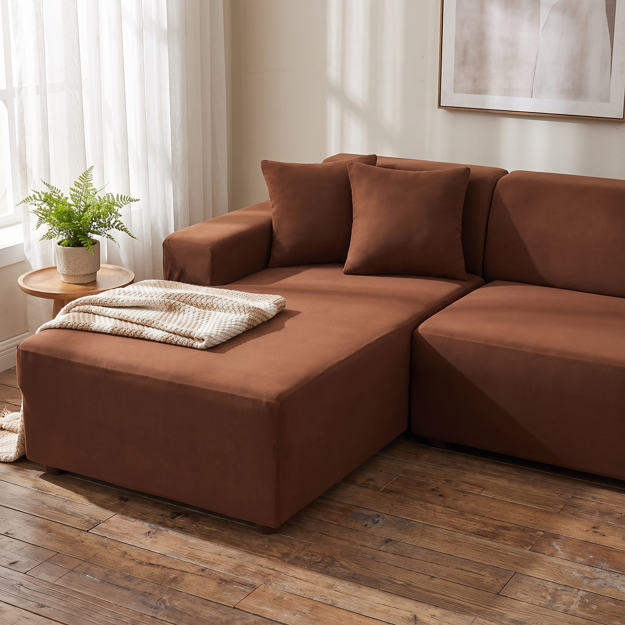 Stretch Sectional Couch Cover – Caramel Tan Stretch Fabric shown in a styled home interior | Brivenzo