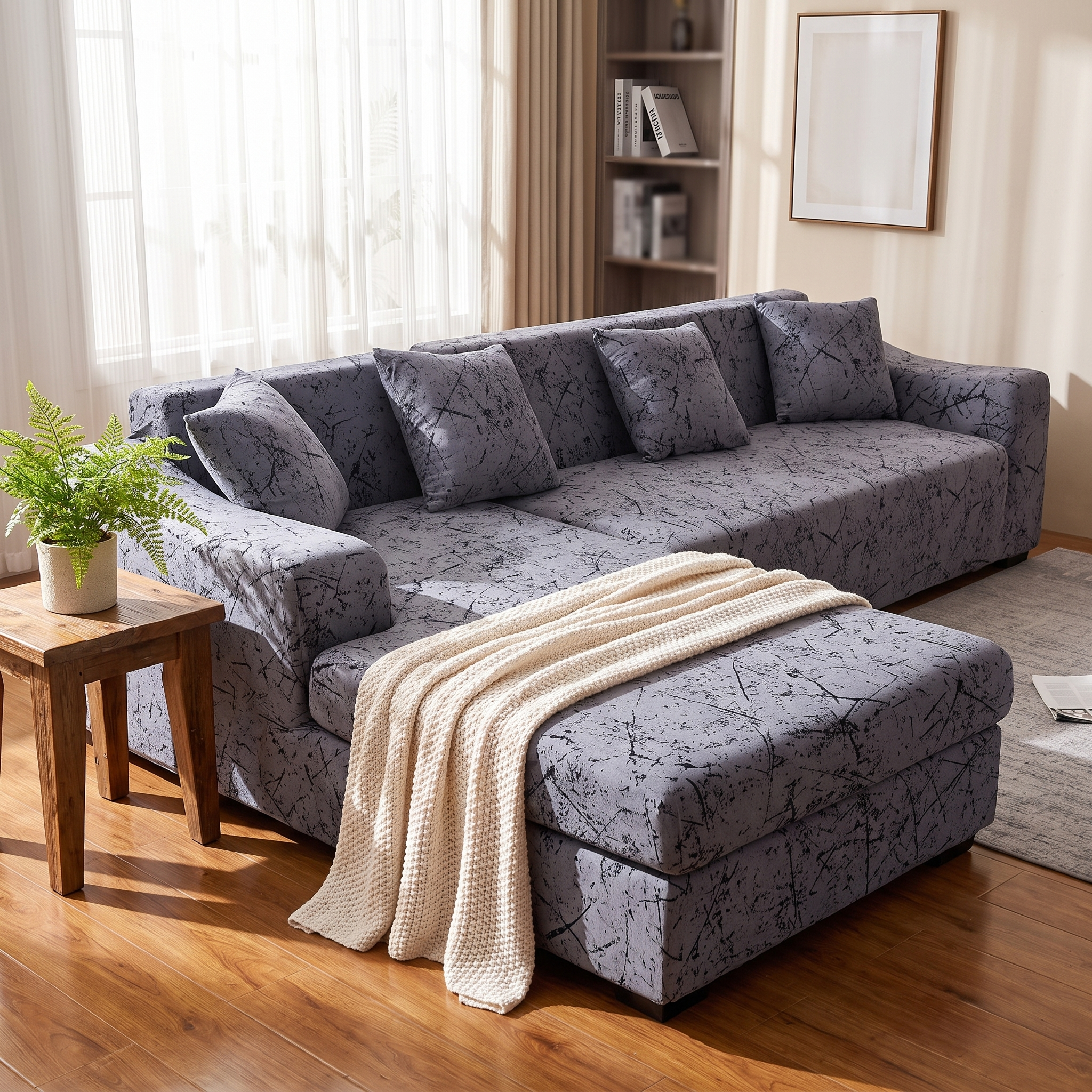 Stretch Sectional Couch Cover – Charcoal Crackle Texture Print shown in a styled home interior | Brivenzo