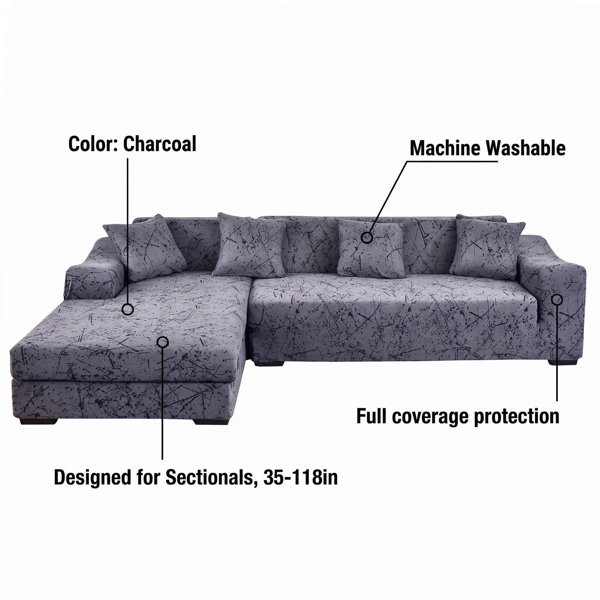 Stretch Sectional Couch Cover – Charcoal Crackle Texture Print – features and specifications overview | Brivenzo
