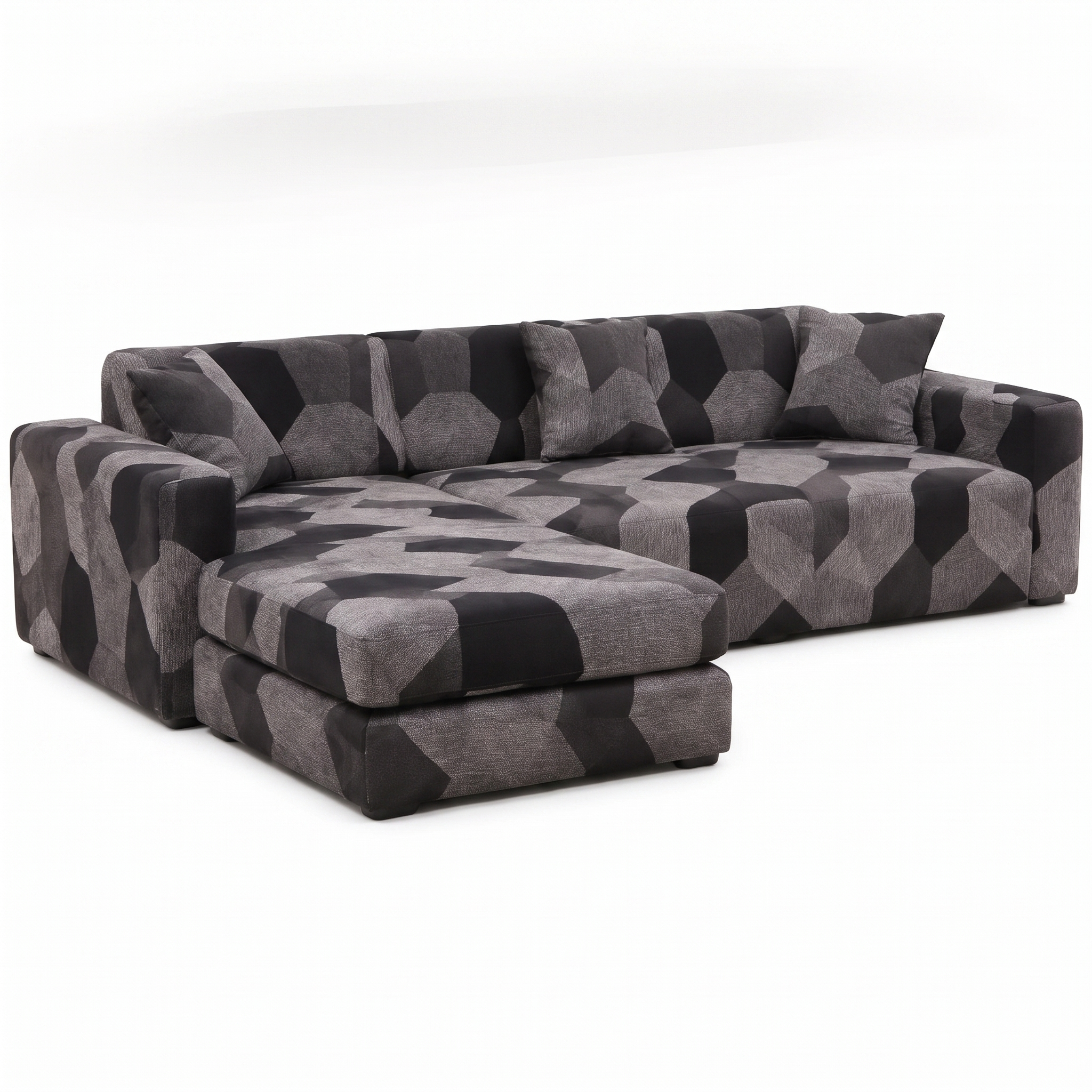Stretch Sectional Couch Cover – Charcoal Geometric Mosaic Print – product photo on a white background | Brivenzo