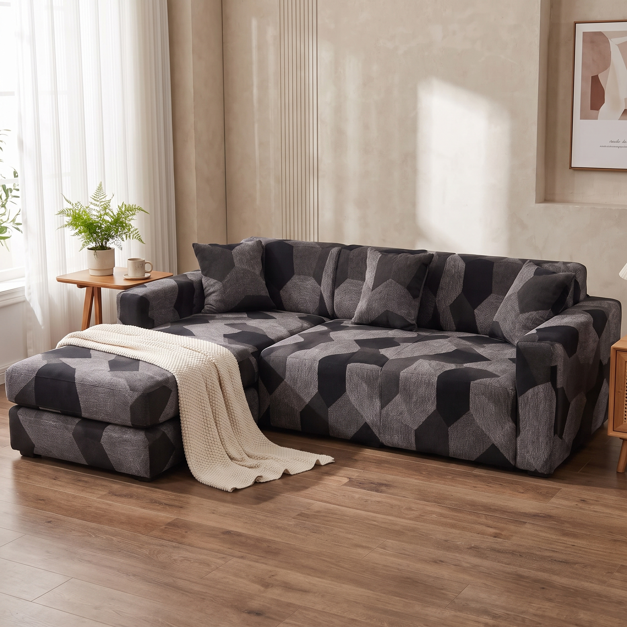 Stretch Sectional Couch Cover – Charcoal Geometric Mosaic Print shown in a styled home interior | Brivenzo