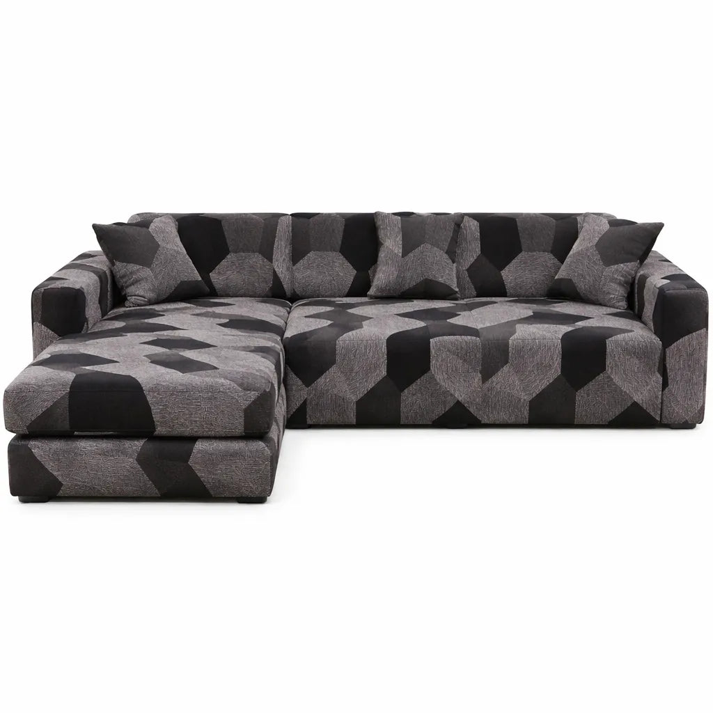 Stretch Sectional Couch Cover – Charcoal Geometric Mosaic Print – product view 4 | Brivenzo