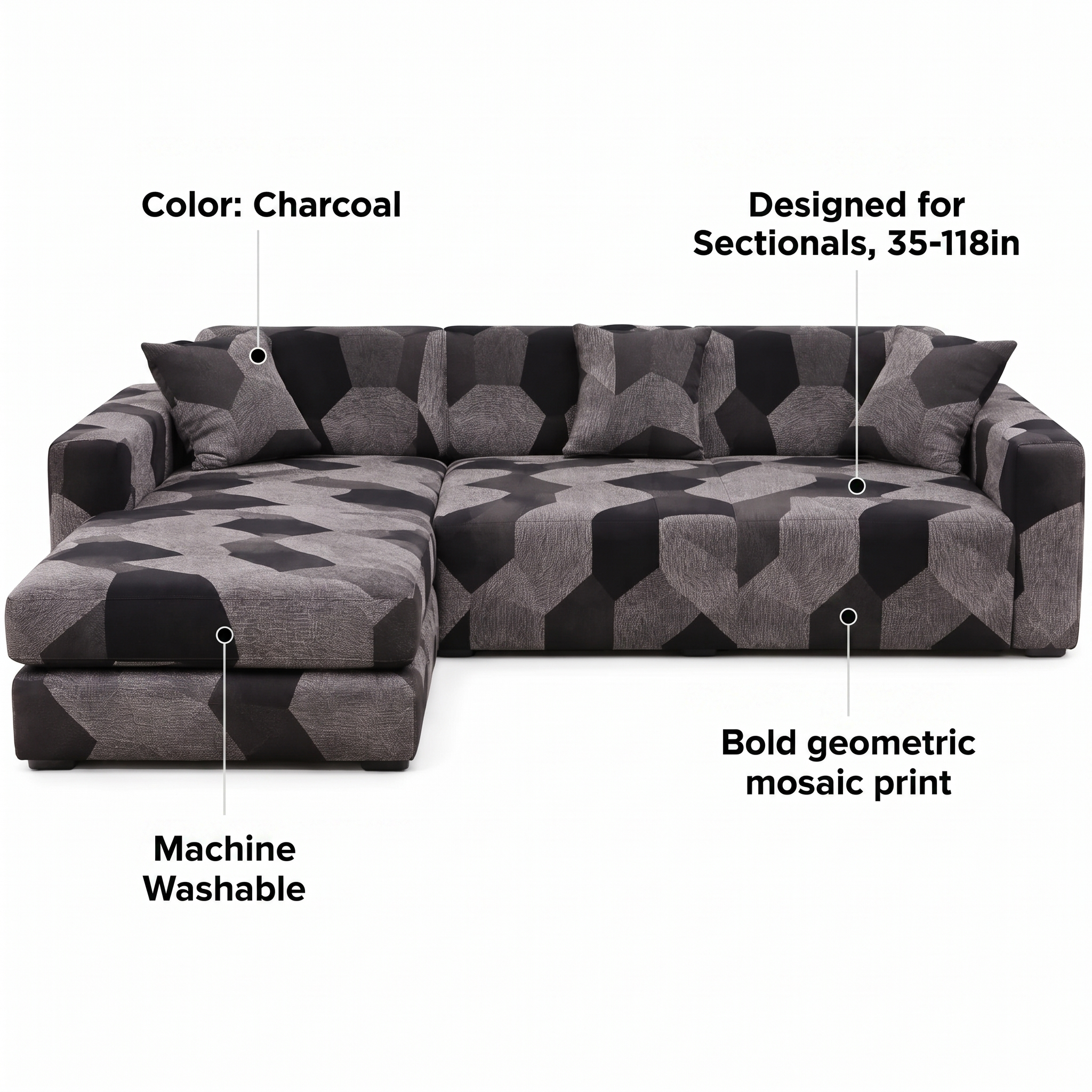 Stretch Sectional Couch Cover – Charcoal Geometric Mosaic Print – features and specifications overview | Brivenzo